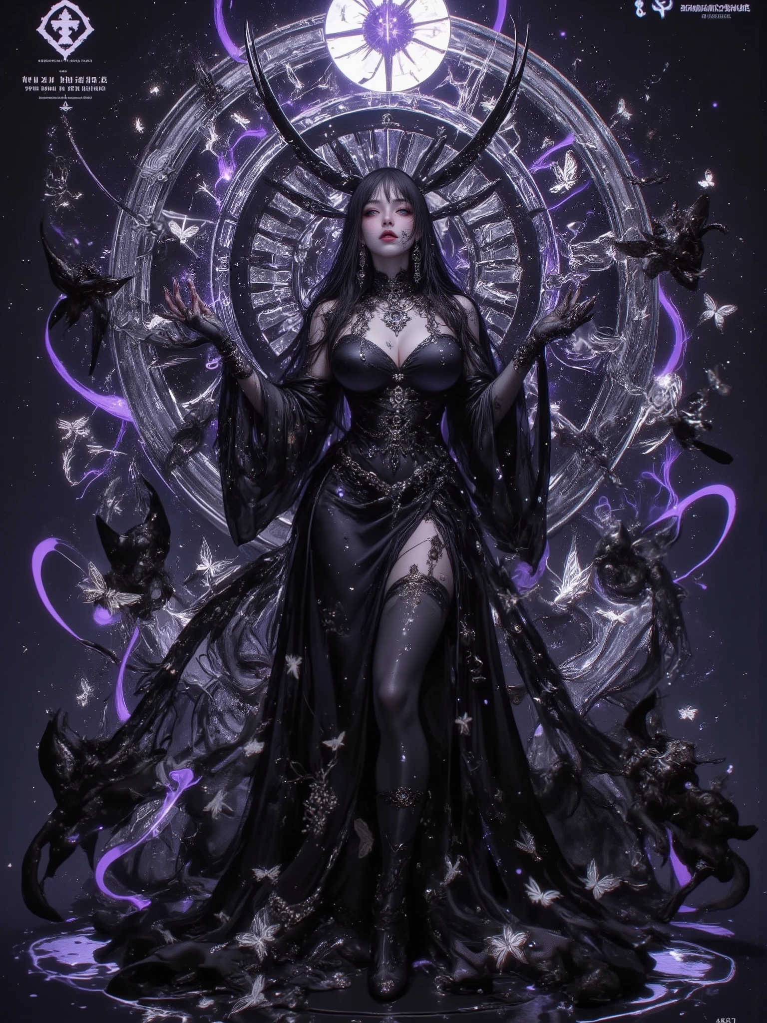 Masterpiece, photorealistic surreal shot of a stunning goddess of darkness and shadow, statuesque and sensationally beautiful as only living gods can be,  sexiness cut from living night, a face of loveliness and terror, large amazing , and a body of superlative grace, embodying the  dangers of the night, and the predatory grace of cats who stalk nocturnal paths, ethereal pale skin with a luminous glow against pitch-black surroundings, adorned with intricate jewelry made of obsidian and starlight, flowing black diaphanous gown that merges with the shadows around her, surrounded by elements of haunting beauty like dozens of moths, shadow servants with human faces, and swirling tendrils of purple light, her eyes hypnotic and filled with the radiance of ancient wisdom, standing in a glowing silver temple where shadowcats dance at her feet, atmosphere of mystical  and power, dramatic chiaroscuro lighting creating stark contrasts, photographed with cinematic depth, 8k detaile