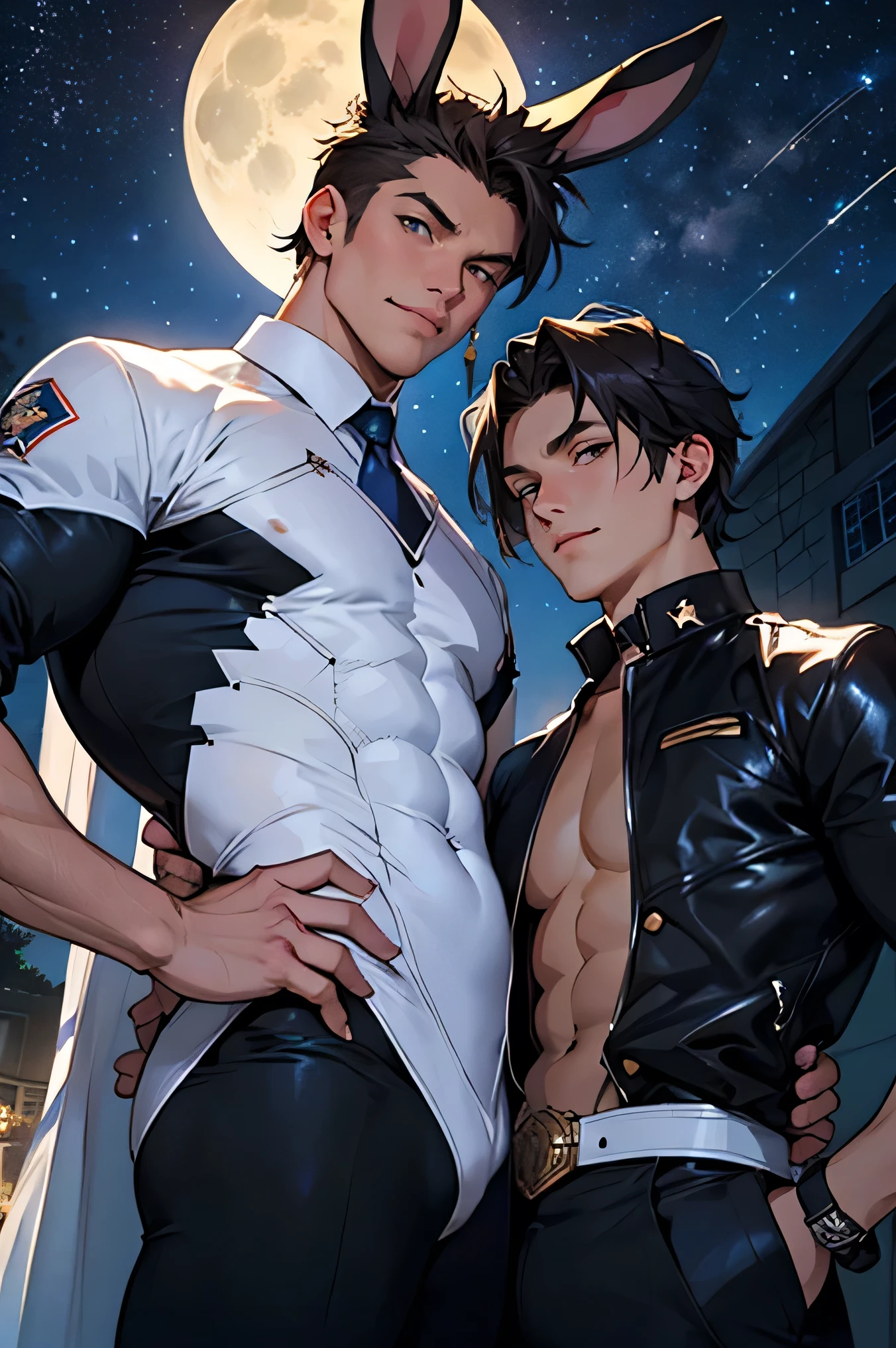 Handsome guy with rabbit ears Man Two short hair dark haired nude white rubber protector 2 men line up with smiles oversized full moon and starry sky