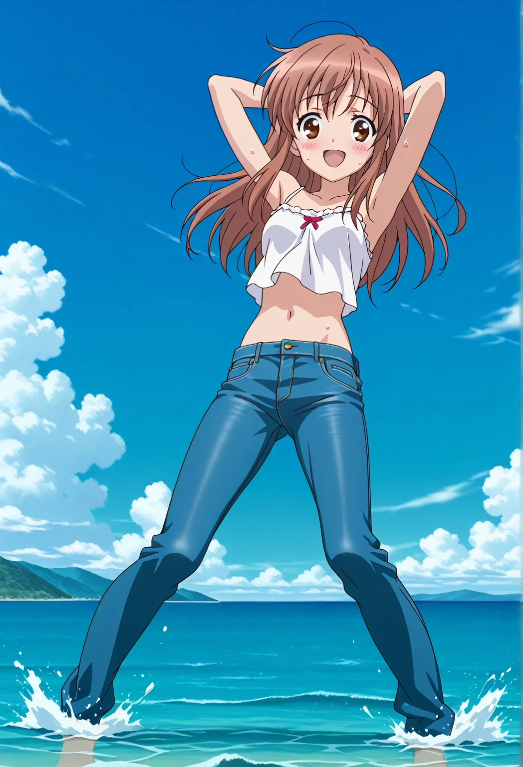 score_9, score_8_up, score_7_up, source_anime, highres, hi res, ((best quality, top quality, perfect quality, Highest Quality, amazing quality)), {{masterpiece}}, {{an extremely delicate and beautiful}}, 2d, intricate details, official style, anime, 8k, anime style, official_anime, official art, digital painting, cell shading, soft shading, high resolution, soothing tones, Subdued Color, Soft cinematic light, adobe lightroom, photolab, HDR, intricately and hyper-detailed, ((high quality animation)), 1 girl, Alone, solo, ((ocean)), tsunami, on the water, day, sunny, outdoors, sky, windy, mikuru asahina, long hair, brown hair, brown eyes, anime screencap, small breasts, white camisole top, crop top, white crop top, best quality, hyper-detailed jeans, ((blue jeans:1.9)), (dark blue jeans:0.6), full medium body, medium shot, Open mouth, smiling, happy face, blush, sweat, standing, ((arms behind head:6.0)), bowlegged, jumping pose, action, looking at viewer, spread legs, Bend knees slightly, straight-on front view