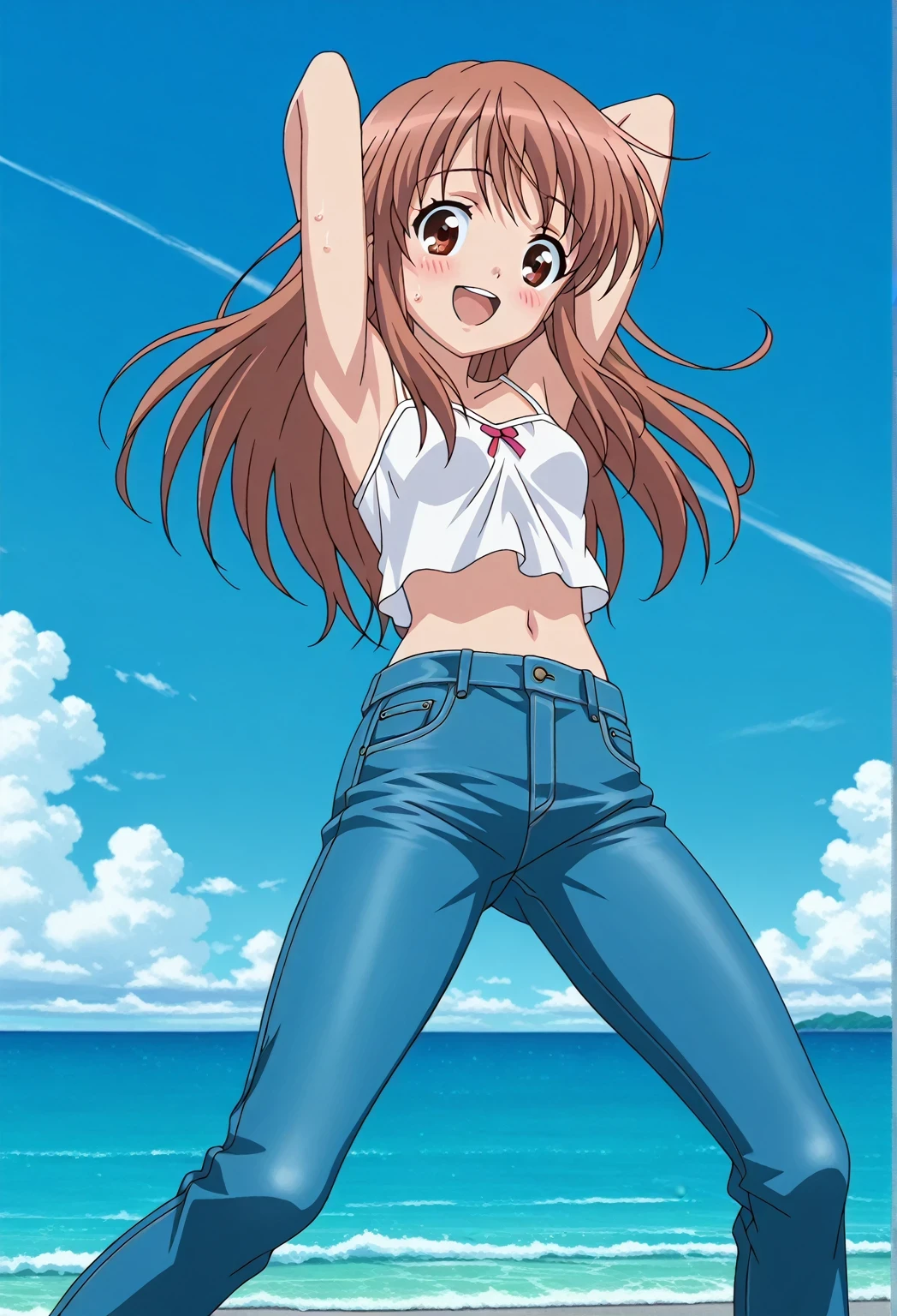 score_9, score_8_up, score_7_up, source_anime, highres, hi res, ((best quality, top quality, perfect quality, Highest Quality, amazing quality)), {{masterpiece}}, {{an extremely delicate and beautiful}}, 2d, intricate details, official style, anime, 8k, anime style, official_anime, official art, digital painting, cell shading, soft shading, high resolution, soothing tones, Subdued Color, Soft cinematic light, adobe lightroom, photolab, HDR, intricately and hyper-detailed, ((high quality animation)), 1 girl, Alone, solo, ((ocean)), tsunami, on the water, day, sunny, outdoors, sky, windy, mikuru asahina, long hair, brown hair, brown eyes, anime screencap, small breasts, white camisole top, crop top, white crop top, best quality, hyper-detailed jeans, ((blue jeans:1.9)), (dark blue jeans:0.6), full medium body, medium shot, Open mouth, smiling, happy face, blush, sweat, standing, ((arms behind head:6.0)), bowlegged, jumping pose, action, looking at viewer, spread legs, Bend knees slightly, straight-on front view