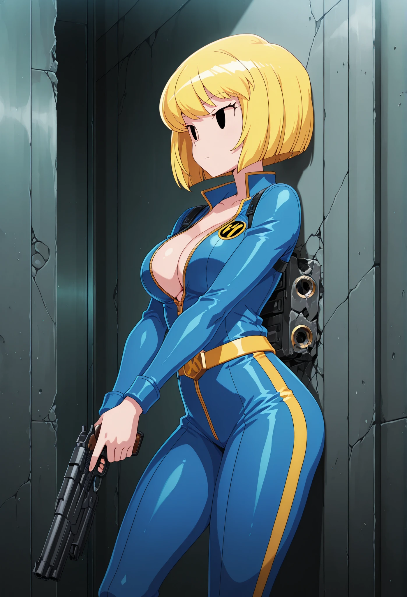  holding gun against wall, solo, holding, standing, holding weapon, handgun, holding gun, against wall, masterpiece, best quality, amazing quality, very aesthetic, absurdness,, newest,(anime screencap),1girl,vault girl,solo,vault suit,bob cut,valut girl,blonde hair,breasts_bigger_than_head,unzipped,,abandoned lab,broken pod,look around,busty,top heavy