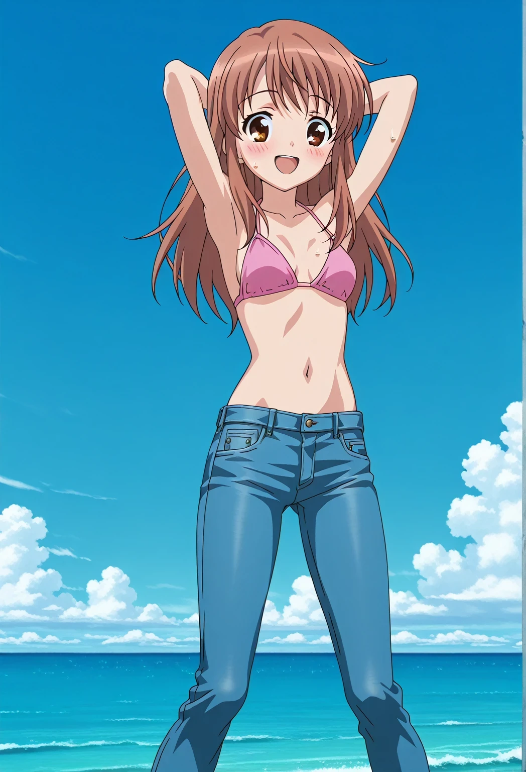 score_9, score_8_up, score_7_up, source_anime, highres, hi res, ((best quality, top quality, perfect quality, Highest Quality, amazing quality)), {{masterpiece}}, {{an extremely delicate and beautiful}}, 2d, intricate details, official style, anime, 8k, anime style, official_anime, official art, digital painting, cell shading, soft shading, high resolution, soothing tones, Subdued Color, Soft cinematic light, adobe lightroom, photolab, HDR, intricately and hyper-detailed, ((high quality animation)), 1 girl, Alone, solo, ((ocean)), tsunami, on the water, day, sunny, outdoors, sky, windy, mikuru asahina, long hair, brown hair, brown eyes, anime screencap, small breasts, pink bikini top, best quality, hyper-detailed jeans, ((blue jeans:1.9)), (dark blue jeans:0.6), full medium body, medium shot, Open mouth, smiling, happy face, blush, sweat, standing, ((arms behind head:6.0)), bowlegged, jumping pose, action, looking at viewer, spread legs, Bend knees slightly, straight-on front view