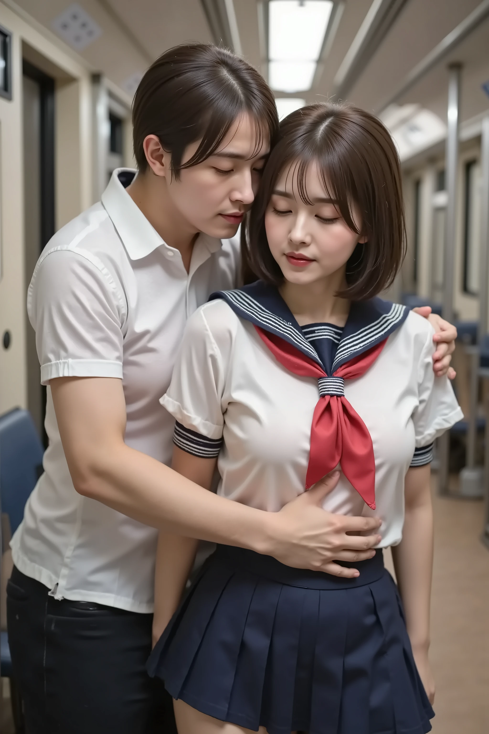 Hugging,(high_school_girl:1.5),teenager,petite,((best quality, 8k, original photo, masterpiece :1.3)), (very realistic photograph),very detailed,ultra high resolution,(professional lighting), ((full body photo)), small breasts, beautiful, cute eyes, 1 high school girl, sailor school uniform, short sleeve, pleated skirt, red scarf, short bob hair style, sweating, She shows expression of disgust., on a crowded train, (((A chubby middle-aged Japanese man hugs a high school girl from behind her on the train., The man's left hand is stroking the high school girl's private parts. )))), molestation, The man has a vulgar look., The man squeezes the front of woman's shirt.,