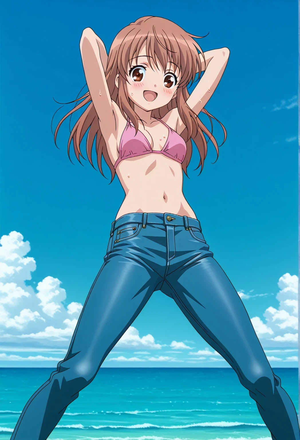score_9, score_8_up, score_7_up, source_anime, highres, hi res, ((best quality, top quality, perfect quality, Highest Quality, amazing quality)), {{masterpiece}}, {{an extremely delicate and beautiful}}, 2d, intricate details, official style, anime, 8k, anime style, official_anime, official art, digital painting, cell shading, soft shading, high resolution, soothing tones, Subdued Color, Soft cinematic light, adobe lightroom, photolab, HDR, intricately and hyper-detailed, ((high quality animation)), 1 girl, Alone, solo, ((ocean)), tsunami, on the water, day, sunny, outdoors, sky, windy, mikuru asahina, long hair, brown hair, brown eyes, anime screencap, small breasts, pink bikini top, best quality, hyper-detailed jeans, ((blue jeans:1.9)), (dark blue jeans:0.6), full medium body, medium shot, Open mouth, smiling, happy face, blush, sweat, standing, ((arms behind head:6.0)), bowlegged, jumping pose, action, looking at viewer, spread legs, Bend knees slightly, straight-on front view