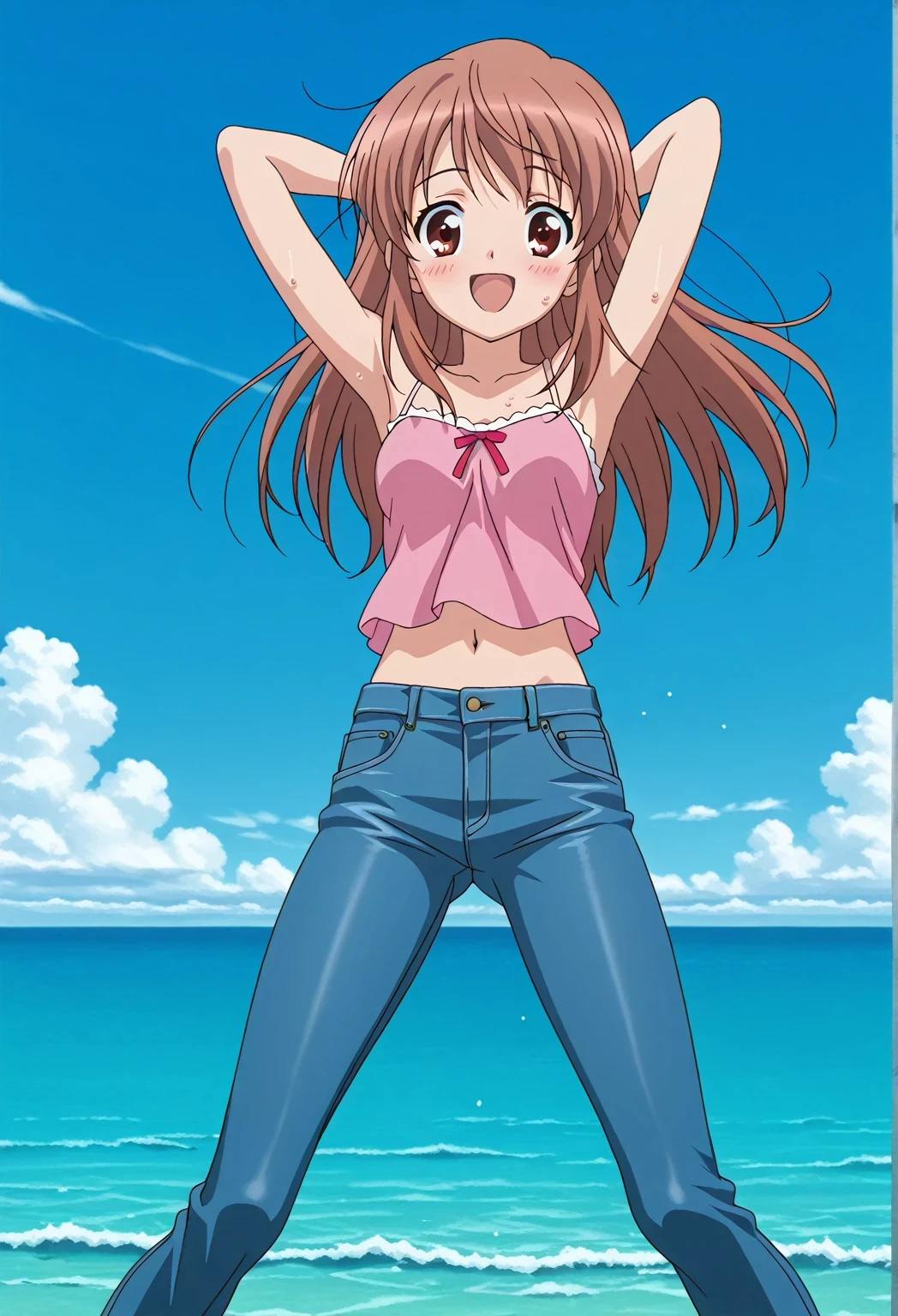score_9, score_8_up, score_7_up, source_anime, highres, hi res, ((best quality, top quality, perfect quality, Highest Quality, amazing quality)), {{masterpiece}}, {{an extremely delicate and beautiful}}, 2d, intricate details, official style, anime, 8k, anime style, official_anime, official art, digital painting, cell shading, soft shading, high resolution, soothing tones, Subdued Color, Soft cinematic light, adobe lightroom, photolab, HDR, intricately and hyper-detailed, ((high quality animation)), 1 girl, Alone, solo, ((ocean)), tsunami, on the water, day, sunny, outdoors, sky, windy, mikuru asahina, long hair, brown hair, brown eyes, anime screencap, small breasts, pink camisole top, crop top, pink crop top, best quality, hyper-detailed jeans, ((blue jeans:1.9)), (dark blue jeans:0.6), full medium body, medium shot, Open mouth, smiling, happy face, blush, sweat, standing, ((arms behind head:6.0)), bowlegged, jumping pose, action, looking at viewer, spread legs, Bend knees slightly, straight-on front view