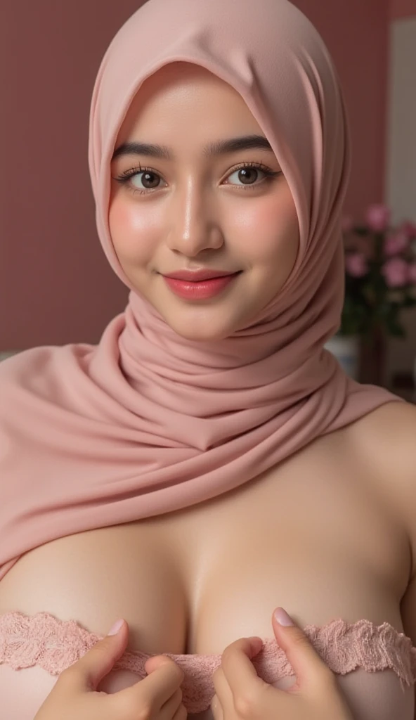 1 20 yo woman,hijab, light theme, soothing tones, muted colors, high contrast, (natural skin texture, hyperrealism, soft light, sharp), simple background), sitting, accurate, high quality, ((no bra)), wearing peach shawl hijab, vagina slightly visible, highly detailed, giving a tit fuck, big thick cock between, a lot of cum shot on breasts, lubed skin, cute facial expression, (small breasts 1.6), sensual, cum dripping on face, waist, (excessive cum on body)
