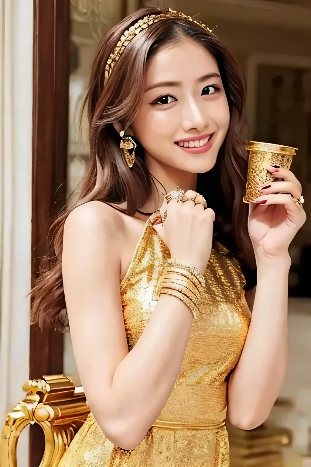 The background is full of gold ingots 体毛が黄色のrabbitで擬人化している she has a ring adorned with jewels on her finger and a gold bracelet on her arm she has a beautiful gold necklace with jewels She has an ugly smile Women She wears a beautiful red dress rabbit