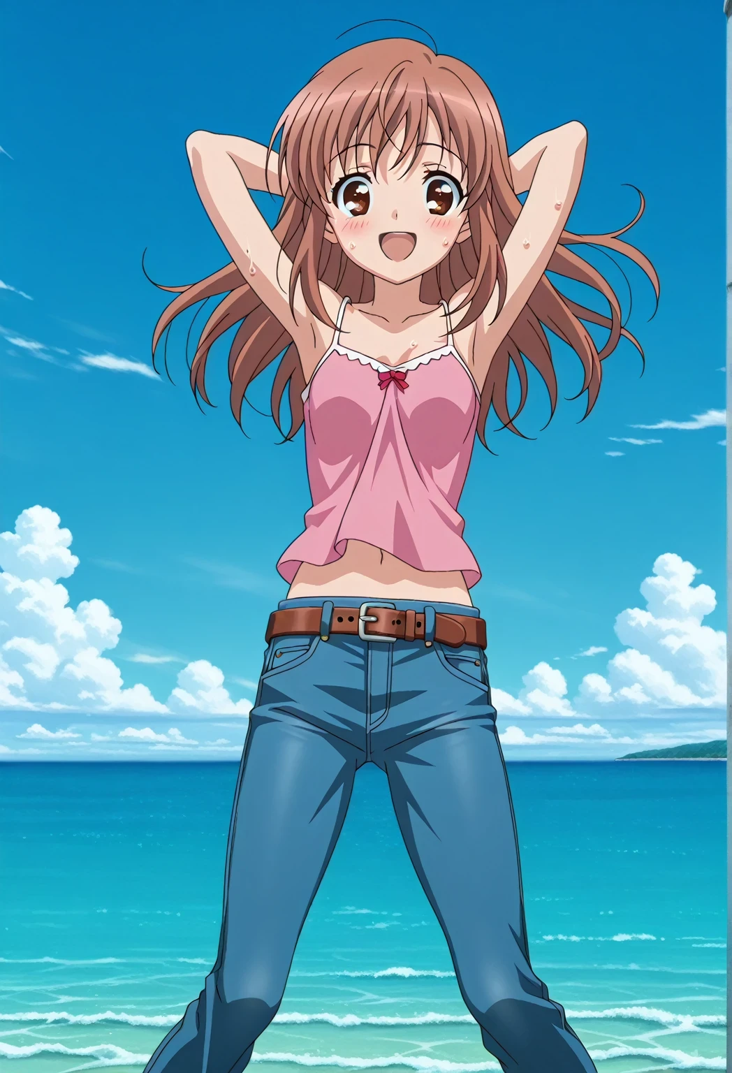 score_9, score_8_up, score_7_up, source_anime, highres, hi res, ((best quality, top quality, perfect quality, Highest Quality, amazing quality)), {{masterpiece}}, {{an extremely delicate and beautiful}}, 2d, intricate details, official style, anime, 8k, anime style, official_anime, official art, digital painting, cell shading, soft shading, high resolution, soothing tones, Subdued Color, Soft cinematic light, adobe lightroom, photolab, HDR, intricately and hyper-detailed, ((high quality animation)), 1 girl, Alone, solo, ((ocean)), tsunami, on the water, day, sunny, outdoors, sky, windy, mikuru asahina, long hair, brown hair, brown eyes, anime screencap, small breasts, pink camisole top, crop top, pink crop top, best quality, hyper-detailed jeans, belt, brown belt, ((blue jeans:1.9)), (dark blue jeans:0.6), full medium body, medium shot, Open mouth, smiling, happy face, blush, sweat, standing, ((arms behind head:6.0)), bowlegged, jumping pose, action, looking at viewer, spread legs, Bend knees slightly, straight-on front view
