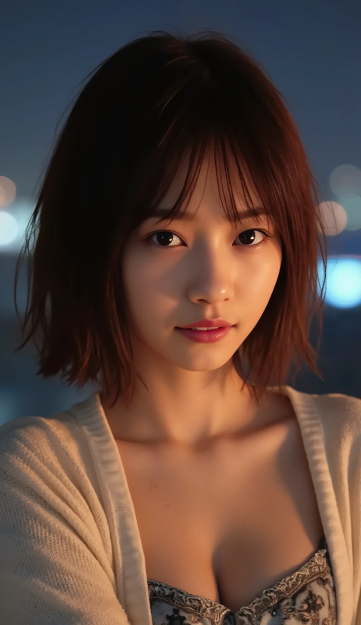 (((nsfw, masterpiece, best quality:1.2, ultra detailed, beautiful, 8K, photorealistic))), (((a girl, sexy face, looking at viewer, short hair, brown hair, detailed skin, skinny, tube top, cardigan))), (((in the hotel, at night))), (((upper body, from front, cinematic lighting)))