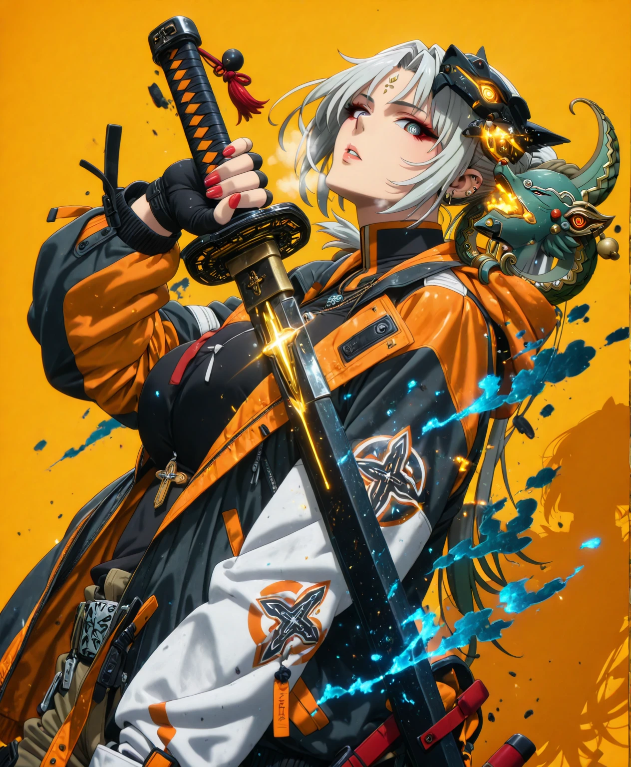 Hgk, (tanabe_(studio_tiamat)-style:1.4), (packge-style:1.2), (takeuchi_takashi-style:1.3), (zonda_(solid_air)-style:1.4), (imizu_(nitro_unknown)-style:1.2), (anime coloring, anime screencap), shiny skin, ((anatomical correct)), ((cinematic, unreal engine, eye-catching , ambient occlusion, UHD, masterpiece)), ((perfect lighting, dim lighting, soft shadow)), perfect body, perfect eyes, perfect fingers, gasping, heavy breathing, gasping profusely, ((skindentation)), ((curvy)), Fe1x10, animal ears, long hair, ponytail, multicolored hair, white hair, red eyeliner, ((ringed eyes)), forehead mark, ear piercing, ((mature female)), plump, 1girl, sword, weapon, Alone, jewelry, katana, hand_in_pocket, earrings, gloves, holding_weapon, holding_sword, Fingerless_gloves, holding, red_nails, yellow_background, Looking_at_viewer, piercing, sheath, ear_piercing, Cross, jacket, black_gloves, hood, orange_background, nail_ polish , necklace, parted_lips, simple_background, glowing effect