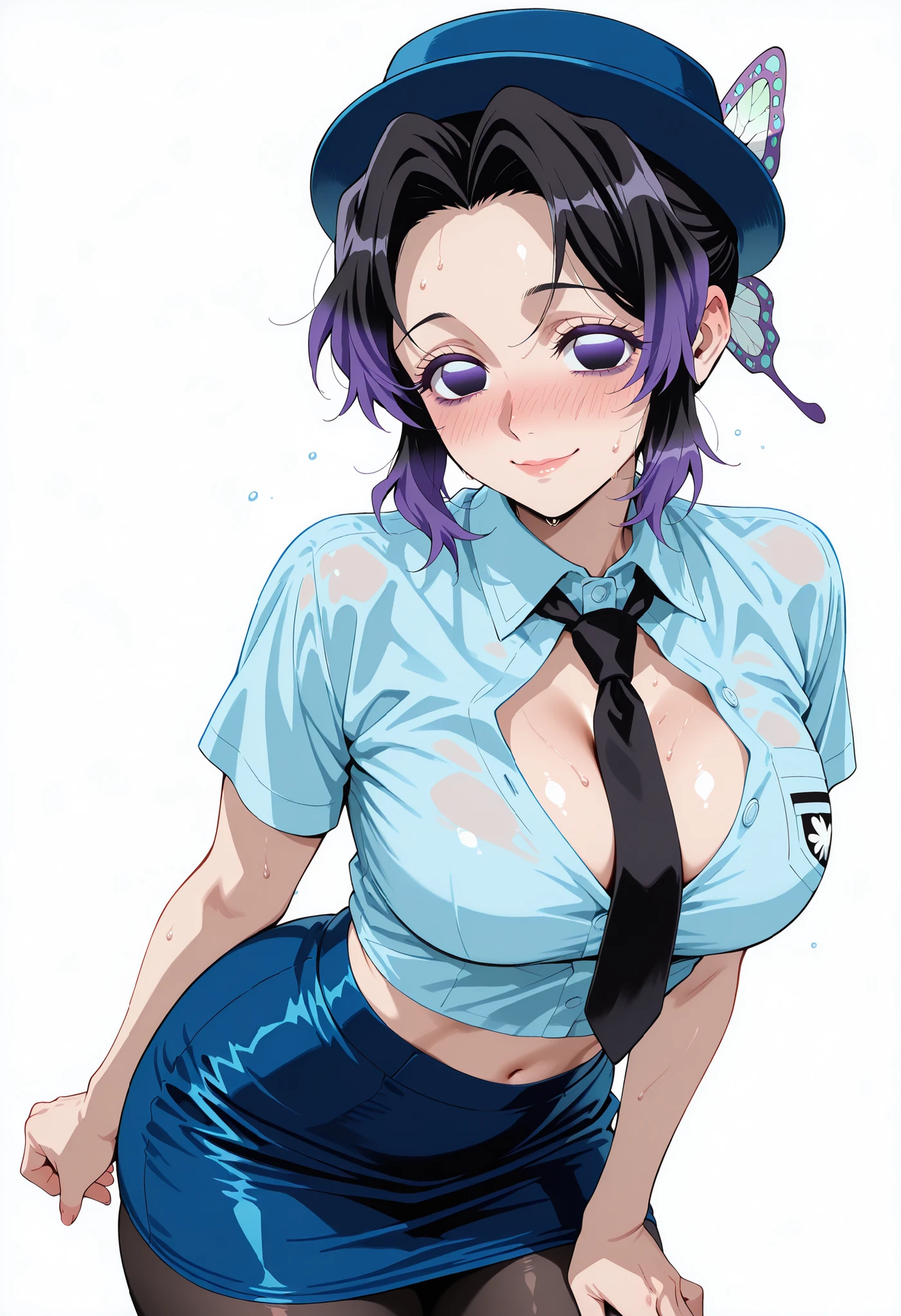 score_9, score_8_up, score_7_up, source_anime, shinobukochou, shinobu kochou, black hair, butterfly hair ornament, forehead, gradient hair, hair ornament, multicolored hair, parted bangs, purple hair, short hair, two-tone hair,, nose blush, looking at viewer, sweat, sweaty, sweaty:1.3,, large breasts,, nose blush, looking at viewer, shiny skin, shiny hair, shiny body, clear body, NICE LEGS,,, shiny skin, shiny hair, shiny body, clear body,, large breasts, nose blush, sweat, sweaty, sweaty:1.3,,, nice legs,, looking at viewer,, thick thighs, nice face,,, thick thigs, slim waist,, soft smile, LARGE BREASTS, shiny skin, shiny hair, shiny body, clear body, white background, empty background, ,, , DYNAMIC POSE , white background, empty background, BAGS UNDER EYES, LARGE BREASTS,, STANDIN UPRIGHT, COWBOY SHOT, POSING, cleavage, CLEAVAGE,, POSING,, STANDING,navel ,midriff,,, LOOKING AT VIEWER, WHITE BACKGROUND, EMPTY BACKGROUND, soft smile,, DYNAMIC POSE, ruanyi0820,black necktie,blue hat,blue shirt,blue skirt,black pantyhose,short sleeves,pencil skirt,ruanyi0820,black necktie,blue hat,blue shirt,blue skirt,black pantyhose,short sleeves,pencil skirt
