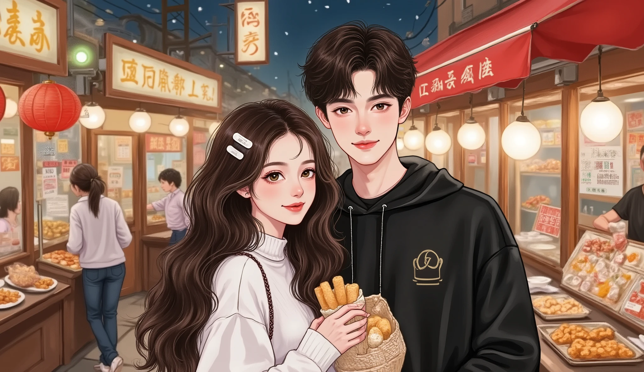 half-body shot, a 30-year-old man and a 30-year-old woman standing together on a lively Chinese street food market. The woman has elegant long hair, wearing chic casual clothes, holding a small snack in her hand, looking directly at the viewer with a gentle smile. The man has a sharp, handsome look, wearing stylish casual clothes, standing beside her with a relaxed confident expression. Behind them is a bustling night market scene with colorful food stalls, warm glowing lights, and signs in Chinese characters, slightly blurred to keep focus on the two main characters. manhwa style, semi-realistic, natural Douyin makeup, soft balanced lighting, sharp details on both faces.