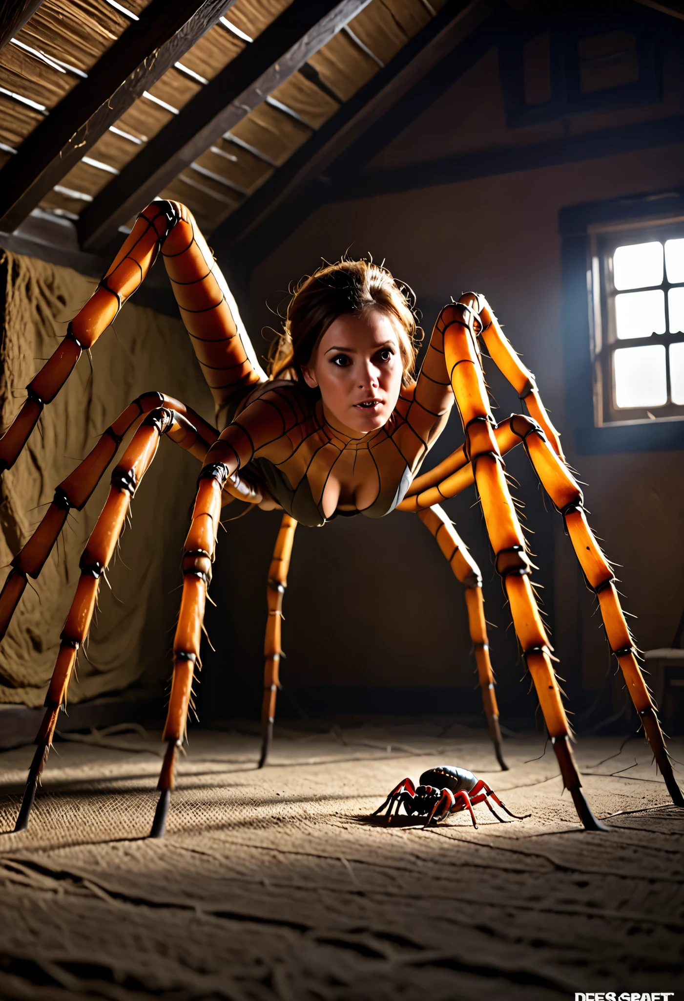 photorealistic best quality photo, ultra detailed, ATTIC , april o'neil висит в паутине mummified, cocoon, big spider mutant long spider legs and horse looksex spider and beautiful girl, desperate wrestling , A tangled , despair ,cocoon