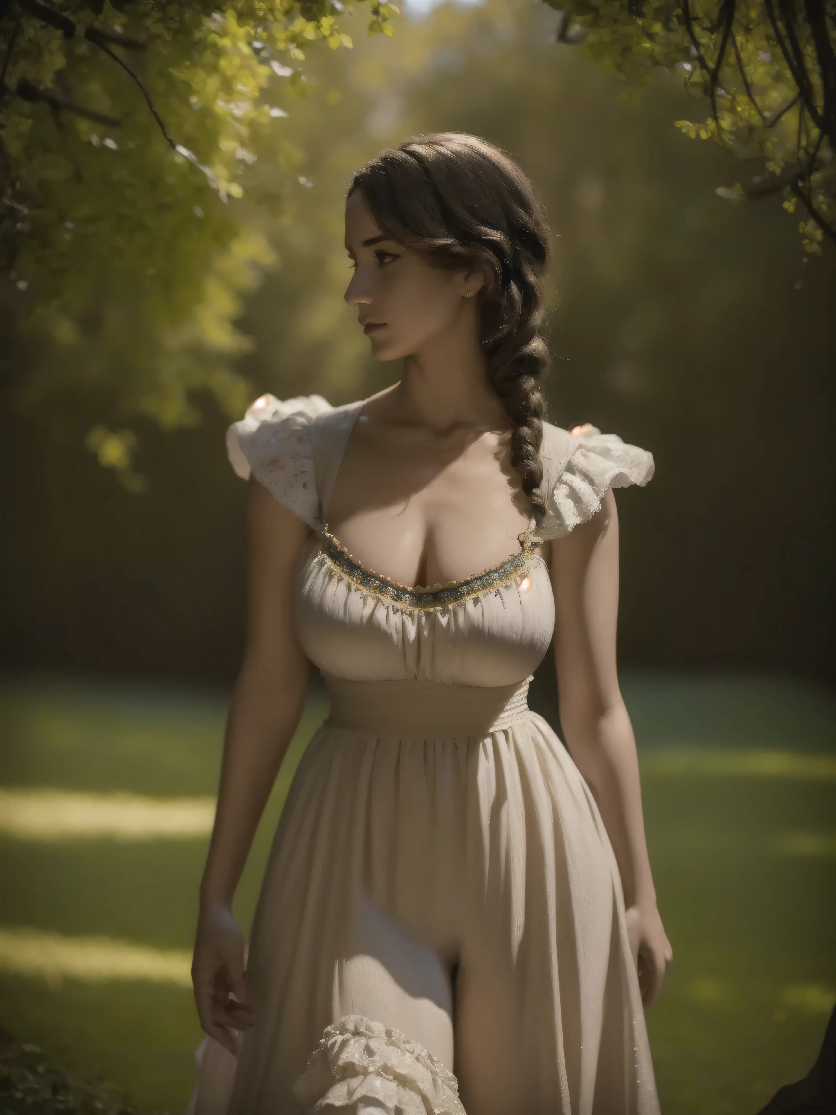 (masterpiece:1.2, best quality, high quality, best detail, ultra-detailed, photorealistic:1.2, award winning, 4k, 8k), highres, high resolution, hyper realistic, extremely detailed face, expressive eyes, textured skin, 1girl, Cute Yasmin, young, portrait, posing for a figure painter, outdoors, day, victorian style, intricate details, realistic body proportions, anatomically correct, fine detail, vivid colors, soft lighting, medium shot, (depth of field), (high contrast), (sharpness:1.3)