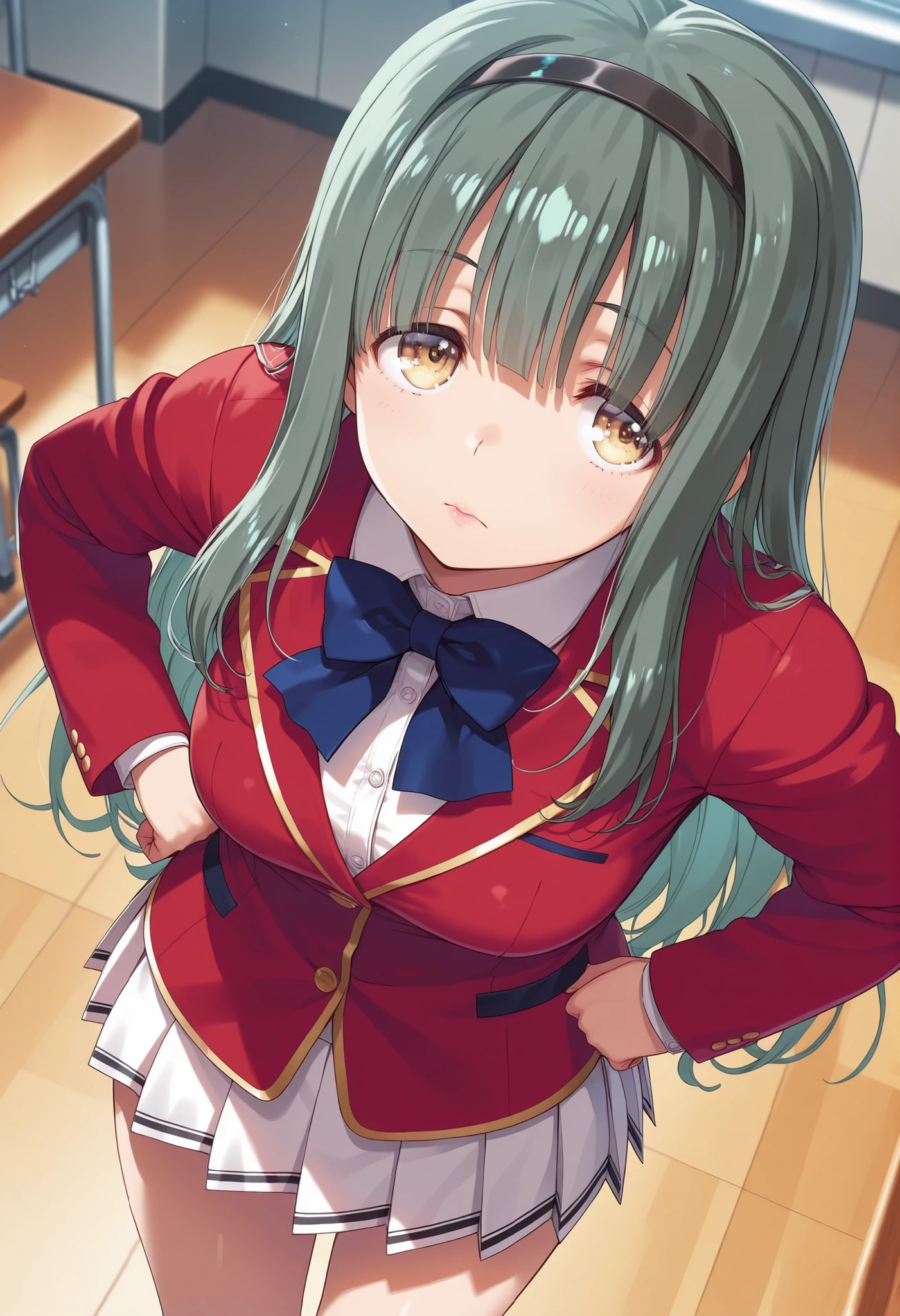  score_9, score_8_up, score_7_up, score_6_up, score_5_up, score_4_up, rating_questionable, , source_anime, digital illustration, pixiv, fanbox, uncensored, , BREAK, official art, 1girl, solo,1girl , nanami yabu ,green hair, yellow eyes, long hair, hairband, school unifrom, red jacket, blue bowtie, white skirt, pleated skirt,thigh, glossy lips, classroom , from above ,closed mouth,standing ,hands on hips,