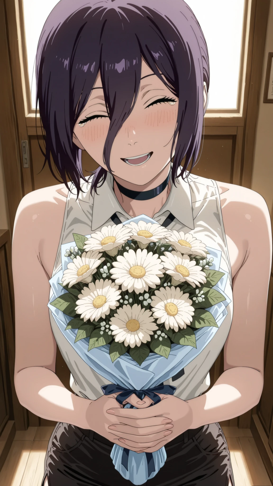 masterpiece, best quality, newest, very awa, masterpiece, best quality, absolutely absurdres, very aaesthetic, newest, anime screencap, solo,reze, chainsaw man, navy hair, green eyes,black choker, purple hair, choker, eyebrows hidden by hair, green eyes, hair between eyes, long bangs, medium hair,,bare shoulders, black ribbon, black shorts, collar, collared shirt, neck ribbon, ribbon, shirt, shorts, sleeveless, sleeveless shirt, white shirt,   BREAK, cowboy shot, Masterpiece, perfect female body, small waist, (incredibly detailed:1.4), slim, beautiful fingers, beautiful skin, proportional body, proportional, beautiful hair, beautiful face, beautiful detailed eyes, beautiful clavicle, beautiful body, beautiful , beautiful thigh, beautiful legs, beautiful fingers, detailed eyelash, , upper body, blush, backlight, smile, face focus, both hand holding bouquet, white Bellis perennis, front view, closed eyes, open mouth, face behind bouquet, looking at viewer, head tilted, smile through tear