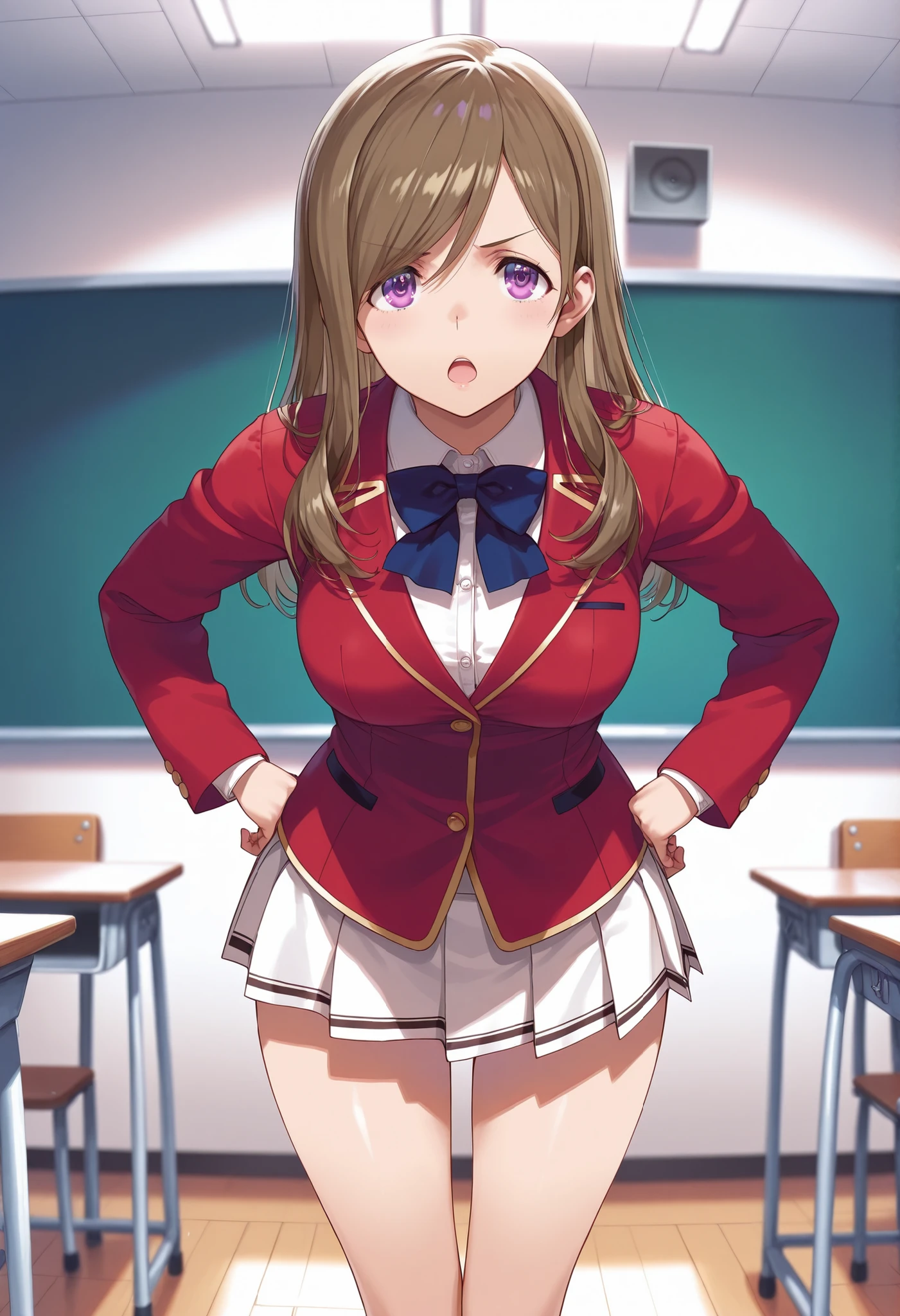  score_9, score_8_up, score_7_up, score_6_up, score_5_up, score_4_up, rating_questionable, , source_anime, digital illustration, pixiv, fanbox, uncensored, , BREAK, official art, 1girl, solo,1girl , nene mori ,brown hair, purple eyes, school unifrom, red jacket, blue bowtie, white skirt, pleated skirt,thigh, glossy lips, classroom , from front ,open mouth,standing ,hands on hips,serious