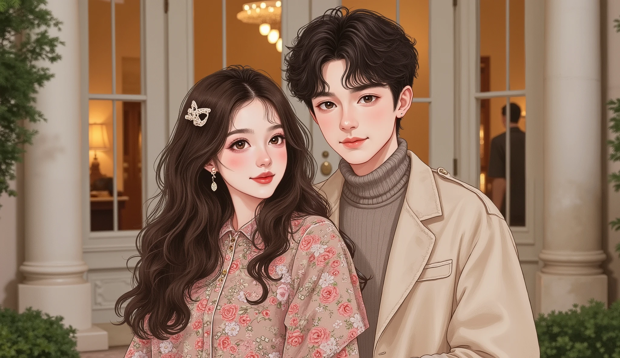 half-body shot, a 30-year-old man and a 30-year-old woman standing together in front of a luxurious villa. The woman has elegant long hair, wearing chic but modest fashionable clothes, looking directly at the viewer with a gentle confident smile. The man has a sharp handsome look, wearing stylish semi-formal clothes, standing close to her with a composed expression. Behind them is the grand entrance of the villa with tall windows, ornate details, and warm evening lights glowing softly, slightly blurred to keep focus on the two characters. manhwa style, semi-realistic, natural Douyin makeup for the woman, soft balanced lighting, sharp focus on both faces.