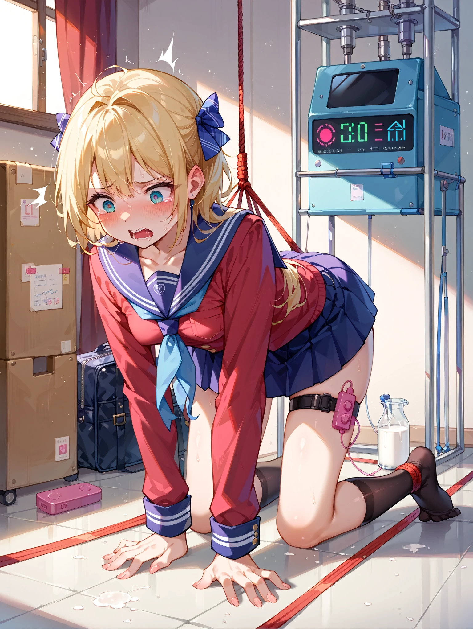 1 girl, detailed blue eyes, longeyelashes, detailed beautiful face, 4k quality, (arms behind back:1.5), bound arms, Red rope ,  gag, gagged, ???????, bondage, close ups,masterpiece, best quality, highres, st1, braid, hair ornament, black skirt, ?????????????, long skirt, shawl , cowboy shot, standing,high quality, best quality, masterpiece, absurdres, 1girl,sitting, ???????? in pantie, tears, embressed, , beaufitul anime eyes, ???????????, m_legs,tall body, tall, long legs, mature female, mature, adult, eft_marin, kitagawa marin, 1girl, blonde hair,  choker, shirt, long hair, necktie, white shirt, jewelry, black choker, earrings, looking at viewer, collared shirt, bangs, multicolored hair, blurry background, closed mouth, collarbone, upper body, blue necktie, blurry, solo, makeup, gradient hair, solo focus, blush, eyelashes, ear piercing, piercing, pink eyes, gyaru,((kneeling, arms behind back, bound arm, bound wrists, bound legs, wrists behind waist, rope bondage, ??????? over clothes)),(masterpiece:1.2), best quality,