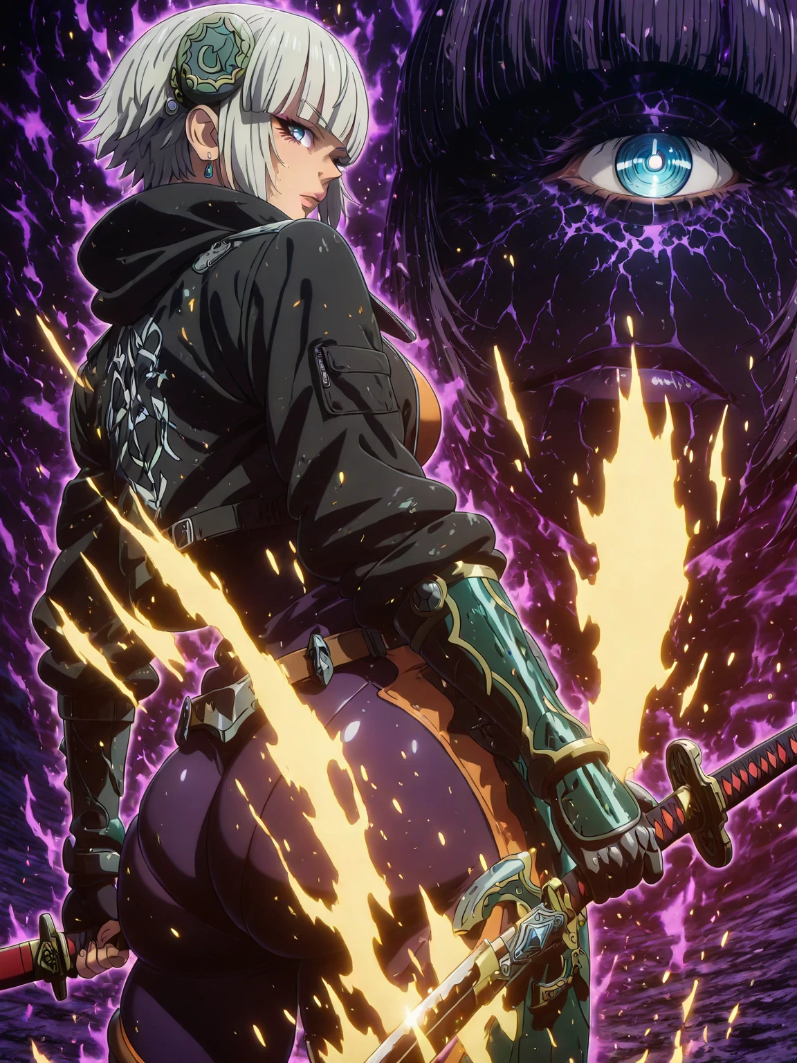Hgk, (tanabe_(studio_tiamat)-style:1.4), (packge-style:1.2), (takeuchi_takashi-style:1.3), (zonda_(solid_air)-style:1.4), (imizu_(nitro_unknown)-style:1.2),, anime coloring, anime-style, anime screencap, detailed background, vignetting, masterpiece, high quality, absurdres, best quality, very aesthetic, newest, dynamic composition, anatomical correct, HD, 4K, digital art, trending on ArtStation, perfect body, perfect eyes, perfect fingers, gasping, heavy breathing, excessive sweating, sweating, sweating profusely, gasping profusely, cinematic, ((skindentation)), ((voluptuous)), meteora osterreich, white hair, short hair, blunt bangs, hair ornament, blue eyes, bright pupils, ((white outline)), (aura), (black aura:1.2), 1girl, weapon, solo, ass, sword, jewelry, earrings, holding_weapon, holding, field, looking_back, holding_sword, looking_at_viewer, spotlight, from_behind, sheath, jacket, black_jacket, breasts, bodysuit, katana, lips, cowboy_shot, mechanical suit, (aura:1.2), (yellow aura), (purple aura),