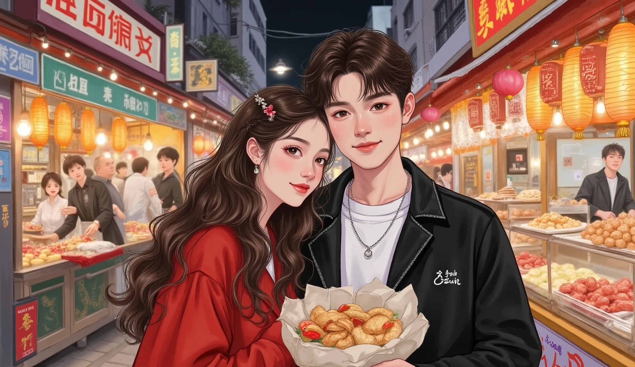 half-body shot, a 30-year-old man and a 30-year-old woman standing together on a lively Chinese street food market. The woman has elegant long hair, wearing chic casual clothes, holding a small snack in her hand, looking directly at the viewer with a gentle smile. The man has a sharp, handsome look, wearing stylish casual clothes, standing beside her with a relaxed confident expression. Behind them is a bustling night market scene with colorful food stalls, warm glowing lights, and signs in Chinese characters, slightly blurred to keep focus on the two main characters. manhwa style, semi-realistic, natural Douyin makeup, soft balanced lighting, sharp details on both faces.