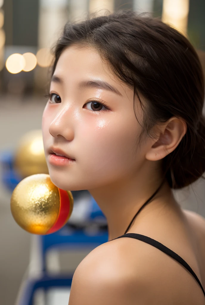 raw photo , 8K, ultra detailed, (realistic:1.2), (1girl), ( smile:1.3), (round face), (black camisole), (:1.3), BREAK (holding neon ball:1.3), (dark room:1.5)