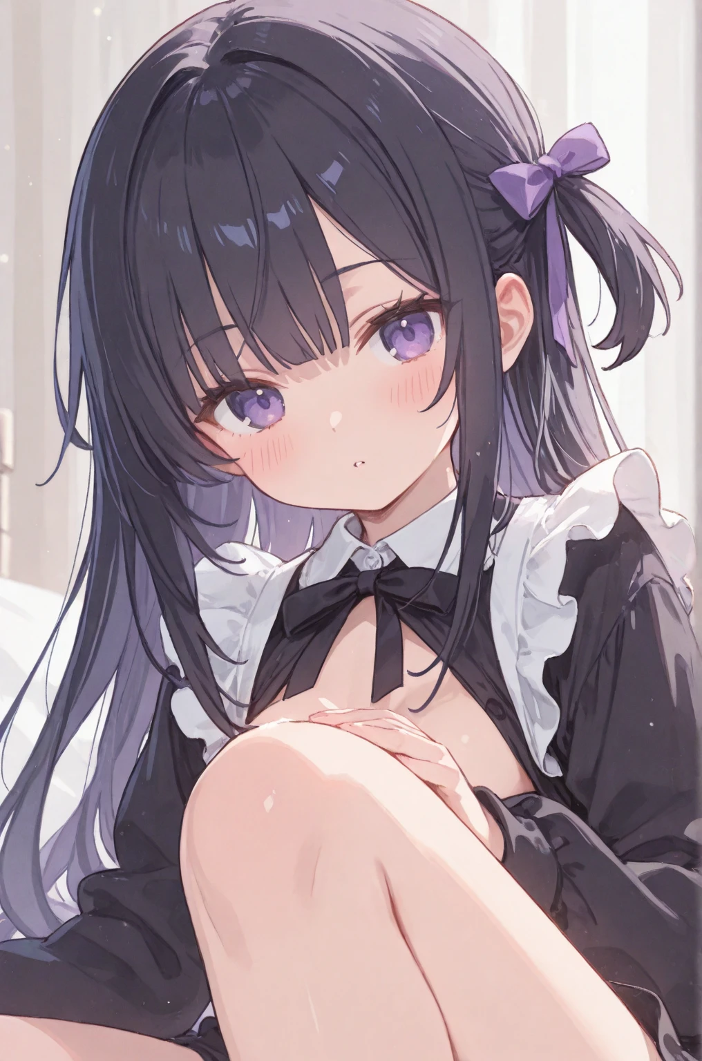 ((super master piece,super fine illustration,best quality,extremely detailed,ultra high res,insanely detailed,game cg)),BREAK,(((perfect ,perfect proportion,artstation female body))),detailed big cute eye,accurate legs,ligne claire,BREAK,gleaming skin,oil,BREAK,,vulgarity, appeal, presenting,craving ,BREAK,(cute  toddler girl,), gal,BREAK,small baby face,childish and super cute,(((blush))),BREAK,super Bishojo,super beautiful girl,super Kawaii,BREAK,low body size,short stature,slender,BREAK,(((((jirai kei,harajuku kei,yamikawa kei))))),BREAK,(black and ((purple streaked hair))),((two side up hair,long hair)),BREAK,((shiny glossy metaric beautiful hair,gradient hair)),BREAK,(()),((puffy ,erectile ,long ,huge , )),BREAK,(((((punk fashion))))),(yamikawa gothiclolita punk fashion with black and purple),(off shoulder cut and sew,some purple and black border ((horizontal striped)) detached overly long Moe-sleeves with chain,Plaid pleated ((ultra micro )) with ),BREAK,(some purple and black border thigh high knee ((horizontal striped)) socks:1.3),zettai ryouiki,garter belt,No ,BREAK,POV,love hotel,(lying on bed,arms bhind back:1.4),evening,(sweet , in :1.3),
