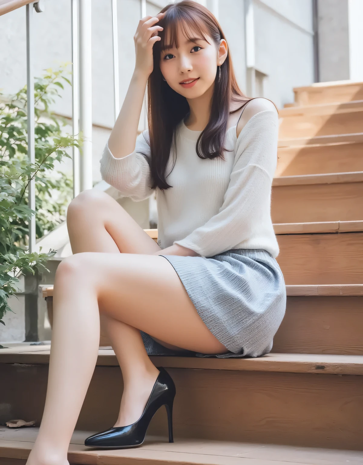 1girl, , masterpiece, ultra-high definition, ultra-realistic, Japanese high school girl, round face, saggy eyes, cute, translucent white skin, pathologically white skin, very fine skin, slim, D cup, half-twin, flirty hair, (sitting with one leg over the stairs), ((very beautiful curve from waist to thigh)), attractive feminine body line, smile gap, mocking expression, chuckle. ((looking up from the wooden stairs below)), very close to her, filling the frame. Wearing a sleeveless summer knit, a light gray checked pleated miniskirt, pale blue panties, light beige stockings, black high heels. Tall building in the background, ordinary lunch break scene, ultra-realistic skin texture, soft sunlight, photographed by a professional photographer
