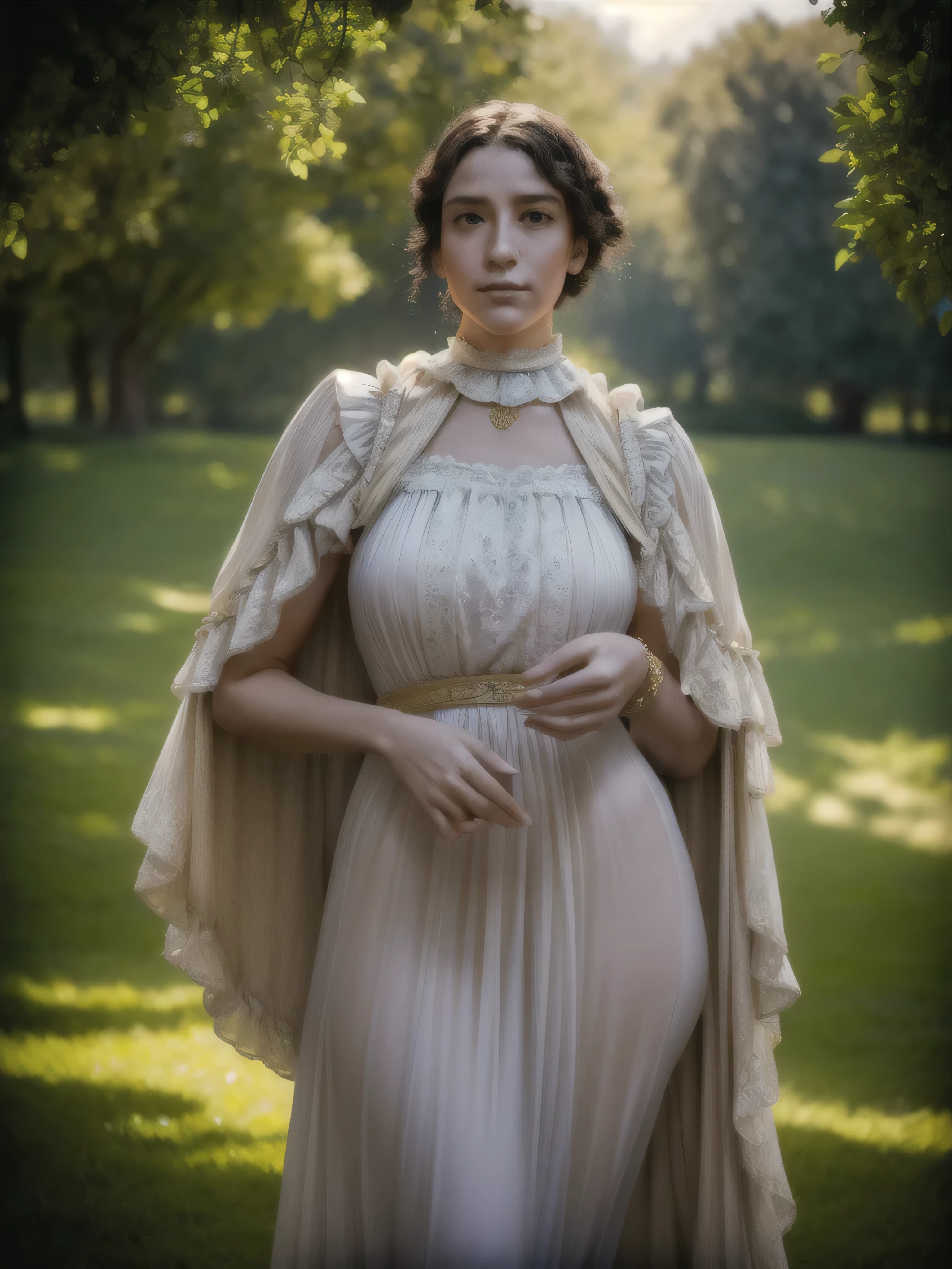 (masterpiece:1.2, best quality, high quality, best detail, ultra-detailed, photorealistic:1.2, award winning, 4k, 8k), highres, high resolution, hyper realistic, extremely detailed face, expressive eyes, textured skin, 1girl, Cute Yasmin, young, looking at viewer, portrait, posing sexy for a figure painter, outdoors, day, lens flare, victorian style, intricate details, realistic body proportions, anatomically correct, fine detail, vivid colors, soft lighting, medium shot, (depth of field), (high contrast), (sharpness:1.3)