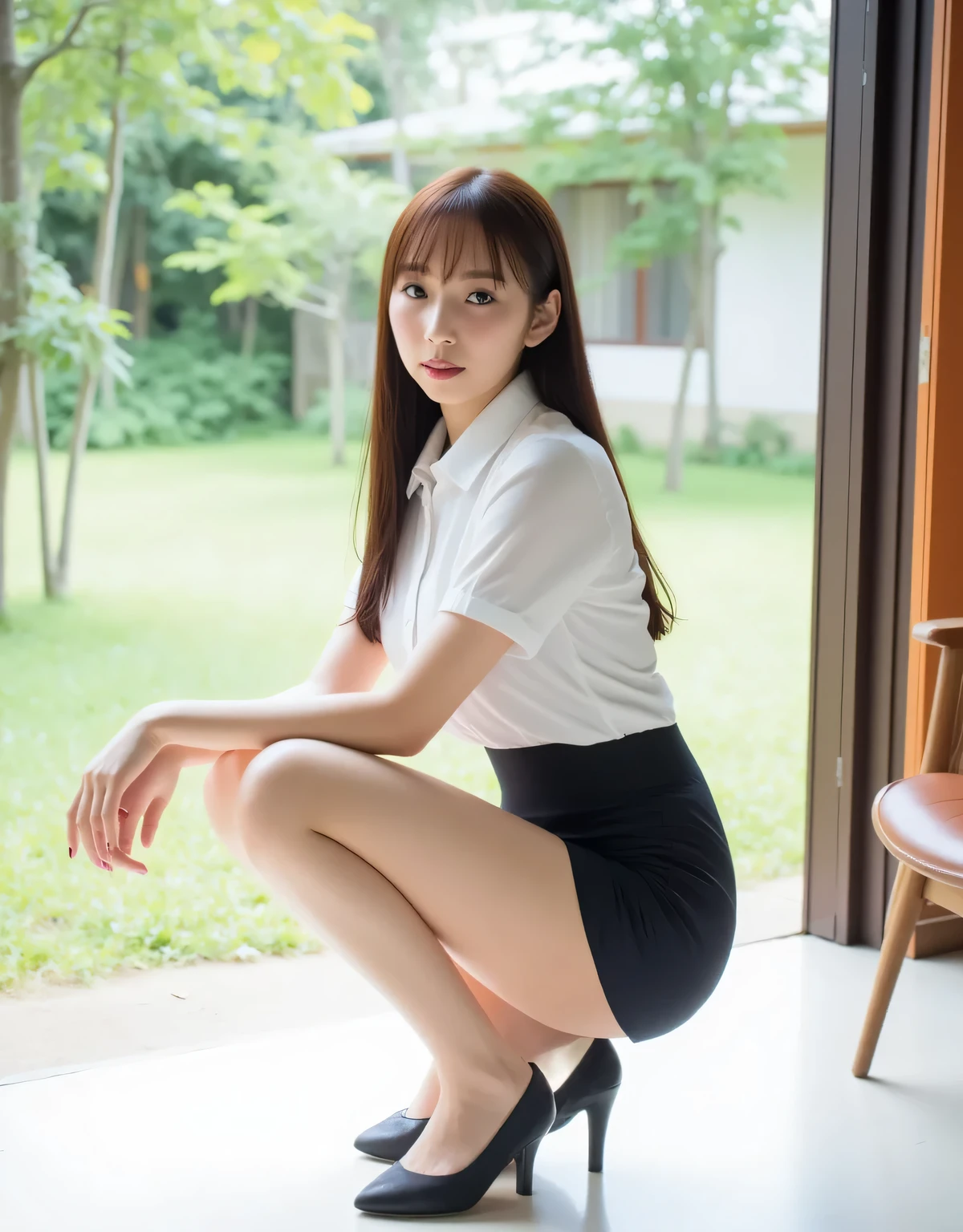 A pretty Japanese woman is squatting on a chair in the middle of a bright, airy room. She has a slim figure, , and a large,  . She is wearing a white, short-sleeved, collared shirt, very tight shorts with a high waistline, a tight,  black miniskirt, and a large . She is also wearing black high heels. Her makeup is gentle and elegant, with pale pink lips and sharp eyes. In the background is a grassy area with a few trees and a building with an orange door visible in the distance. The overall setting seems tranquil, with a lush green environment.