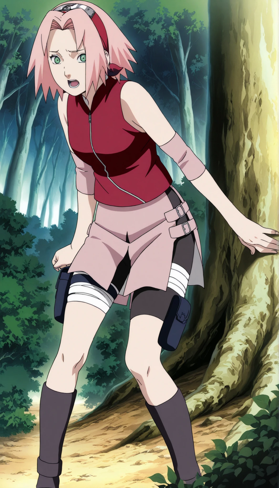 1girl,((haruno sakura standing)) ,speaking ,look at the viewer, BREAK pink hair, short hair, red hairband, green eyes, parted bangs, BREAK red sleeveless minidress, zipper, pink miniskirt, bandaged thigh, BREAK medium breasts, beautiful body, beautiful legs , masterpiece,best quality,amazing quality,professional quality ,very aesthetic ,newest,scenery, ultra detailed ,highly detailed ,intricate , absurdres , high resolution , 4K , 8K , unity 8k wallpaper , crisp quality , sharp focus , rich contrast , rating_explicit , official art, official style,source_anime,anime screencap,anime coloring,megami magazine,anime,animated ,1girl, straight angle, open mouth, standing at forest, full body