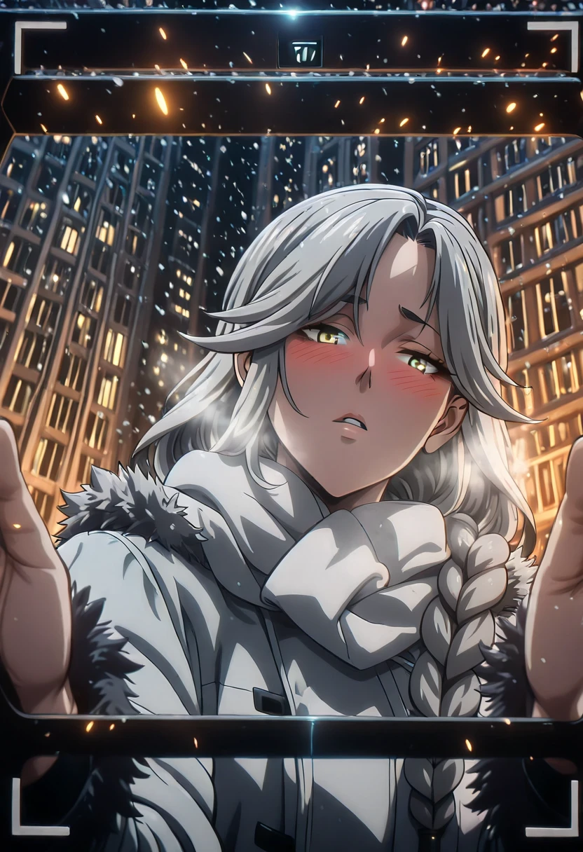 Hgk, (tanabe_(studio_tiamat)-style:1.4), (packge-style:1.2), (takeuchi_takashi-style:1.3), (zonda_(solid_air)-style:1.4), (imizu_(nitro_unknown)-style:1.2), ((anatomical correct)), ((Cinematic, unreal engine, eye-catching, ambient occlusion, UHD, masterpiece)), ((perfect lighting, soft shadow)), perfect body, perfect eyes, perfect fingers, gasping, heavy breathing, gasping profusely, (()), ((curvy)), mature female,long hair,grey hair,braid,yellow eyes, (voluptuous:1.5), (mature female:1.5), 1girl, blush, scarf, looking_at_viewer, breath, solo, coat, night, embarrassed, fur_trim, snowing, winter_clothes, fur-trimmed_coat, outdoors, pov, jacket, city, cold, motion blur, viewfinder, embers, parted lips, half-closed eyes