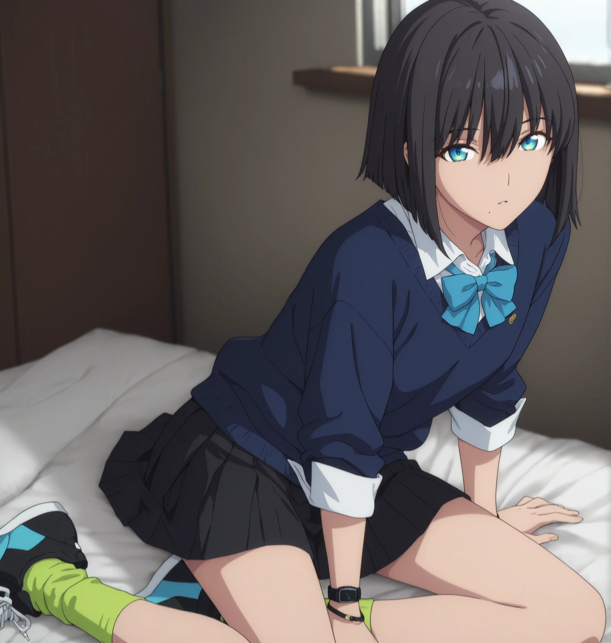 masterpiece, best quality, amazing quality, highres, absurdres, very aesthetic, high resolution, ultra detailed, perfect details, ufotable style, 1girl, solo, indoors, , (detailed background:1.2),from above, (room), , minami kano, ((inverted bob)), ((black hair)), long bangs, ((choppy bangs)), hair between eyes, green blue eyes,(detailed beutiful eyes), ((tareme)),bracelet, three-quarter sleeves, sleeve cuffs, blue sweater, white shirt, collared shirt, bowtie, black skirt, pleated skirt, green socks, ankle socks, sneakers, (small breasts, flat chest), , <lora:Kano_Minami_ILXL:0.8>,   (aged up:1.5),(), looking at viewer, (anime coloring:1.2), , pose, expressionless, parted lips,  wrist watch, sitting on bed, yokozuwari, slim body, slender body, slim arms, light skin, one mole, mole under mouth, 