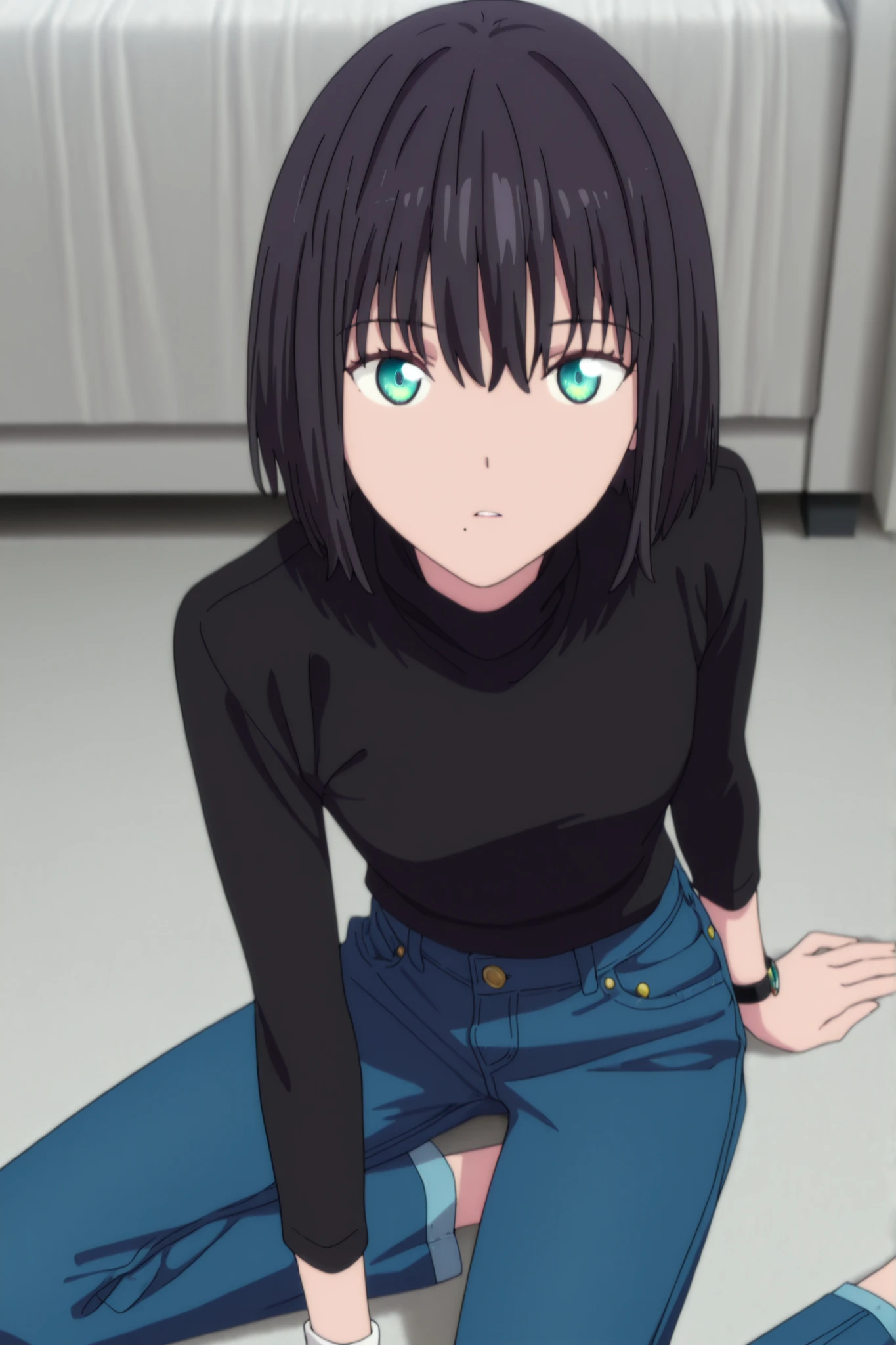masterpiece, best quality, amazing quality, highres, absurdres, very aesthetic, high resolution, ultra detailed, perfect details, ufotable style, 1girl, solo, indoors, , (detailed background:1.2),from above, (), ,, ((inverted bob)), ((black hair)), bangs, hair between eyes, (green blue eyes),(detailed beutiful eyes), bracelet,(black turtleneck knit, long sleeve, loose fit, denim pants),long pants, (small breasts, flat chest), <lora:Akane_Shinjo_ILXL:0.8>,,   (aged up:1.5),(), looking at viewer, (anime coloring), , pose, expressionless, parted lips,  wrist watch, sitting on floor, yokozuwari, slim body, slender body, slim arms, light skin, one mole, mole under mouth, 