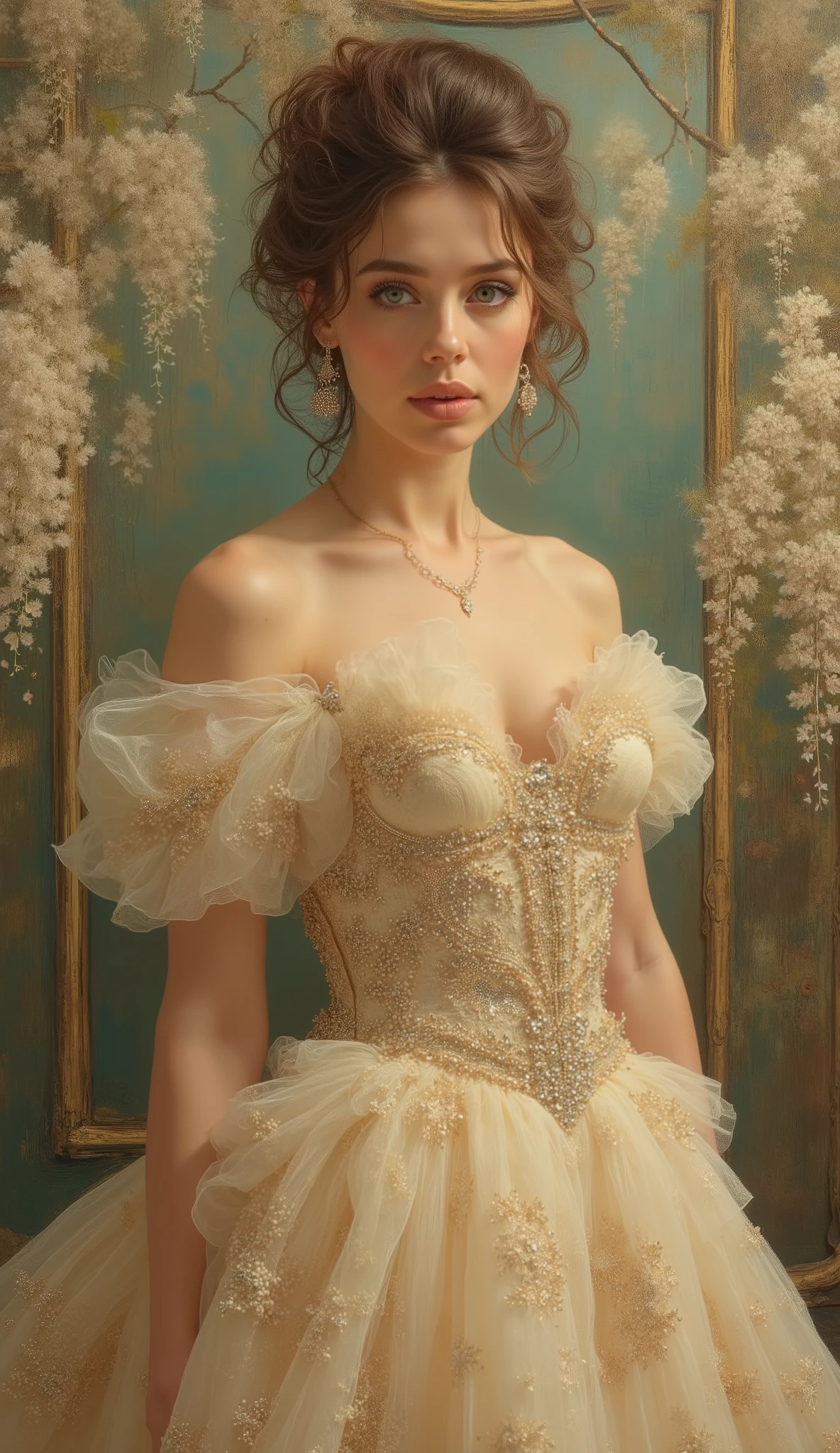 simply a masterpiece, incredible beauty, vintage beauty, branches with wisteria flowers hang, as a background for a beautiful wedding photo, young woman with green eyes and brown hair, that create a very beautiful and very elegant hairstyle, designer hairstyle, beautiful and young woman FULL HEIGHT standing in a gorgeous dress. DRESS VERY CHIC design art, The dress is lush, embroidered light beige DRESS with gold patterns and small crystals , corset dress all embroidered, beautiful , fluffy skirt, thick oil painting, extremely soft colors , bright, high detail, Artist great master of Italian , your aesthetic is classical and academic, but you love conceptual art, pop and contemporary art, woman is the highest aesthetic embodiment of nature, and you love to sing her in all her praises Aspects and forms. You are a virtuoso of photographs that love embroidery contrasts between the world with colors and tones. You like to draw, you are a master of in your drawings. You can combine the richness of details with aesthetic simplicity, turning into beauty , oil on canvas , high contrast, dramatic, exquisite, tonal, Create high contrast between light and shadow. painting masterpiece