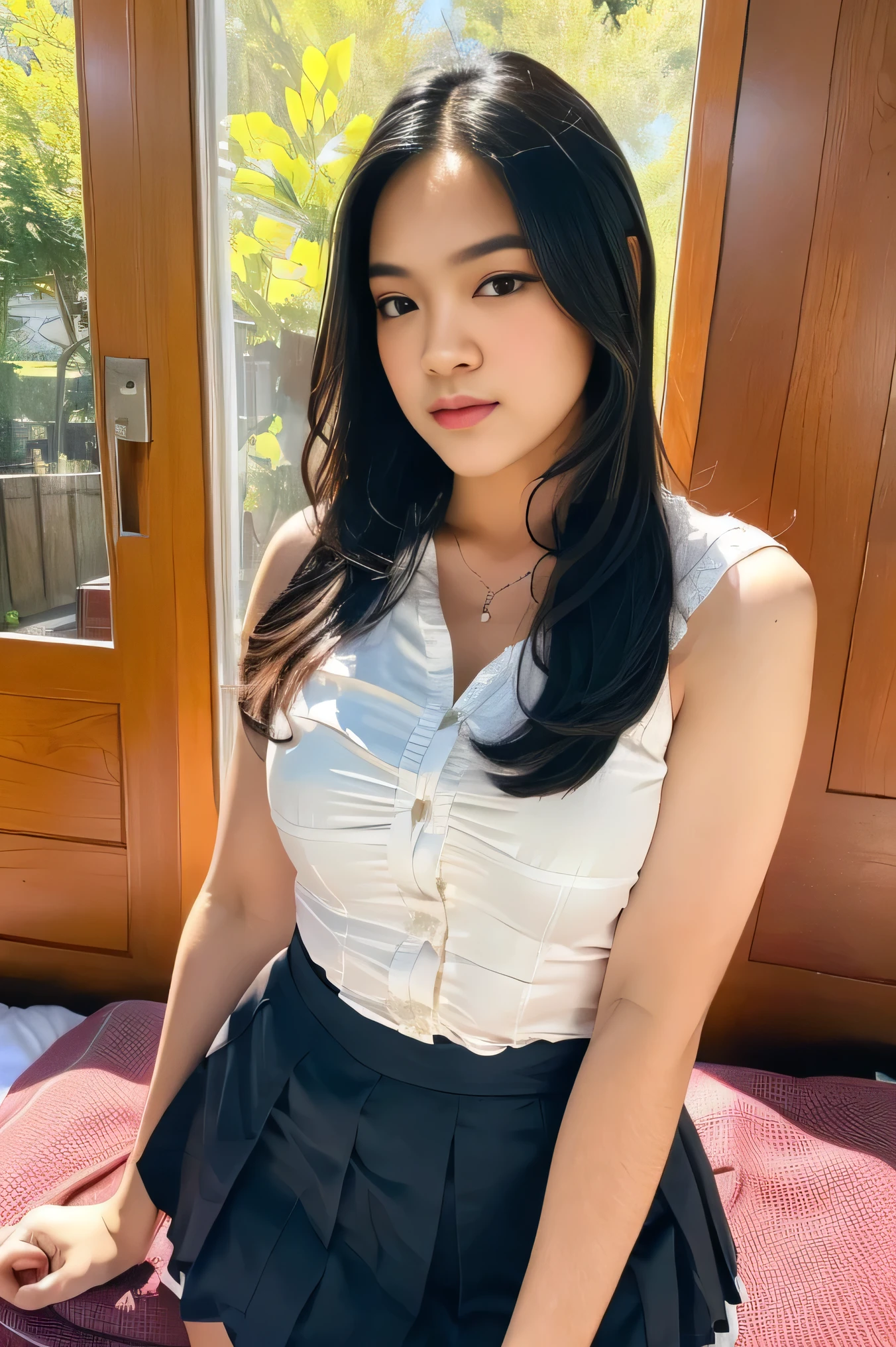 1girl, solo, sensual woman, clear lighting, (Indonesian_high_school), Classroom, pose on bed, detailed face, detailed eyes, in the middle, unparalleled beauty, looking at the camera , thick breasts, detailed skin, muscular legs, muscular arms, muscular abs, looking at the audience,wearing white shirt, wearing short skirt, (8k, RAW photo, best quality, masterpiece: 1.3), (realistic, realistic: 1.37), ultra-high resolution