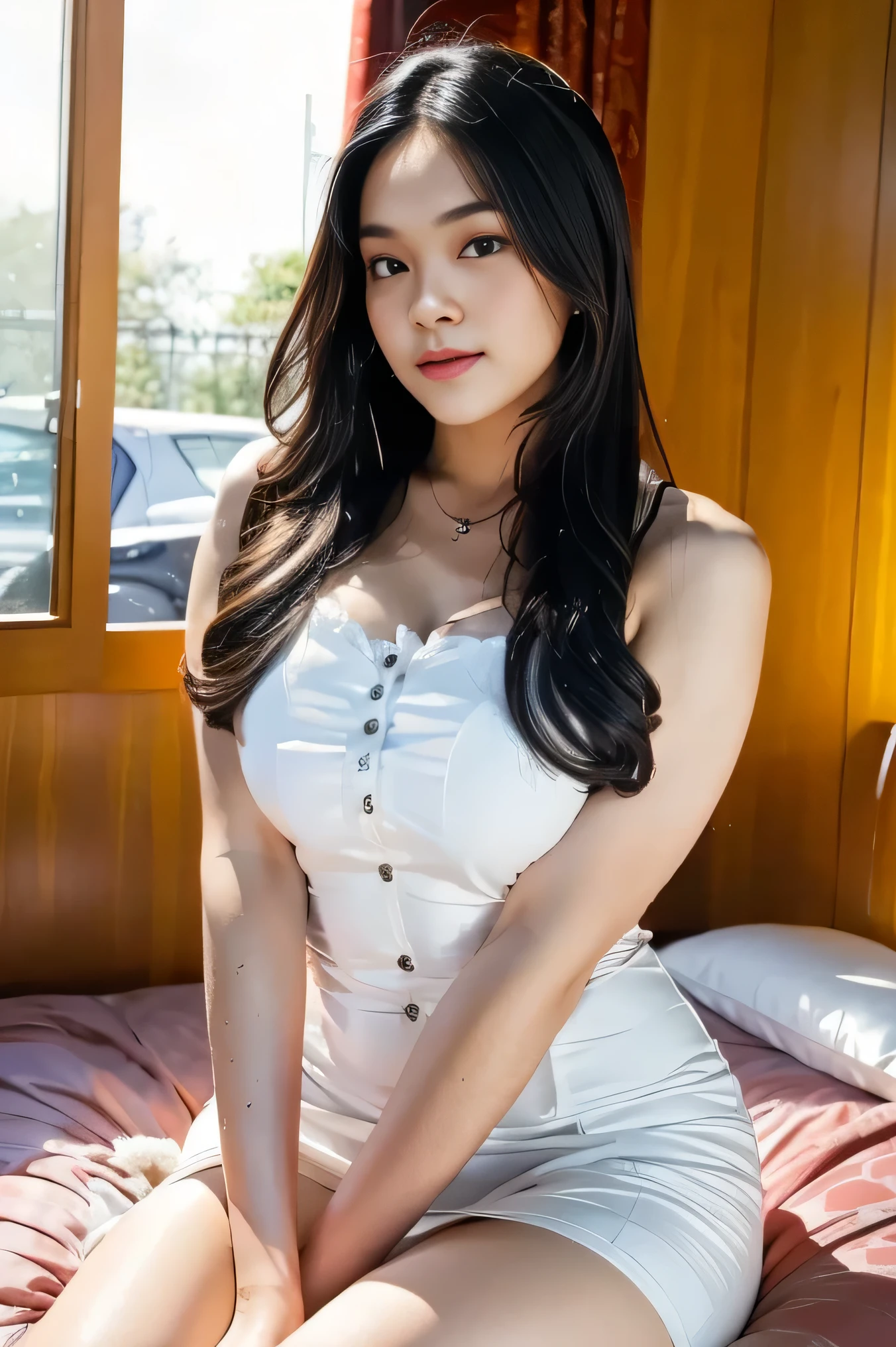 1girl, solo, sensual woman, clear lighting, (Indonesian_high_school), Classroom, pose on bed, detailed face, detailed eyes, in the middle, unparalleled beauty, looking at the camera , thick breasts, detailed skin, muscular legs, muscular arms, muscular abs, looking at the audience,wearing white shirt, wearing short skirt, (8k, RAW photo, best quality, masterpiece: 1.3), (realistic, realistic: 1.37), ultra-high resolution