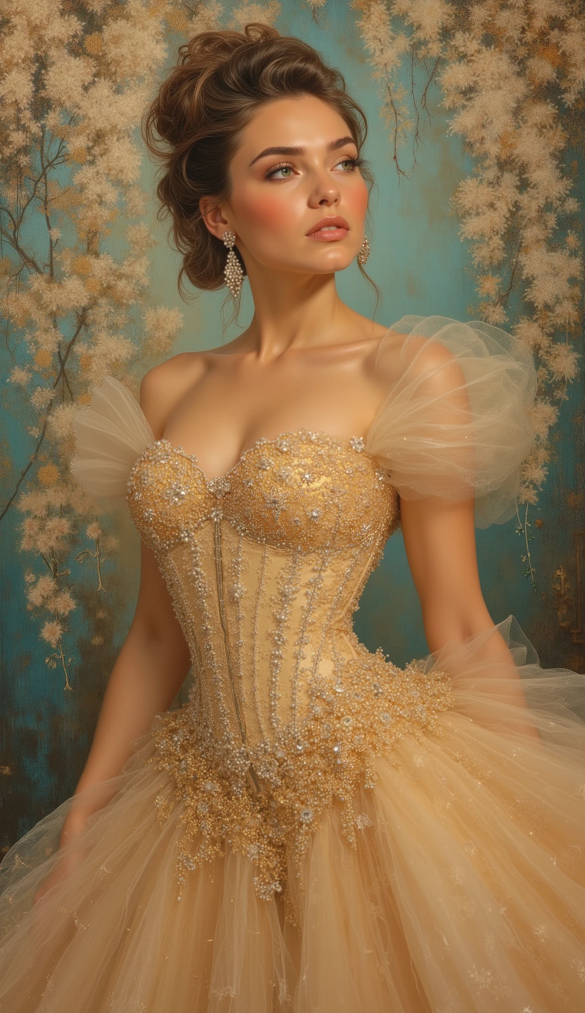 simply a masterpiece, incredible beauty, vintage beauty, branches with wisteria flowers hang, as a background for a beautiful wedding photo, young woman with green eyes and brown hair, that create a very beautiful and very elegant hairstyle, designer hairstyle, beautiful and  young woman FULL HEIGHT standing in a gorgeous dress. DRESS VERY CHIC design art, The dress is lush, embroidered light beige DRESS with gold patterns and small crystals , corset dress all embroidered, beautiful , fluffy skirt, thick oil painting,  extremely soft colors , bright, high detail, Artist great master of Italian , your aesthetic is classical and academic, but you love conceptual art, pop and contemporary art, woman is the highest aesthetic embodiment of nature, and you love to sing her in all her praises Aspects and forms. You are a virtuoso of photographs that love embroidery contrasts between the world with colors and tones. You like to draw, you are a master of  in your drawings.  You can combine the richness of details with aesthetic simplicity, turning  into beauty ,  oil on canvas , high contrast, dramatic, exquisite, tonal, Create high contrast between light and shadow.  painting masterpiece 