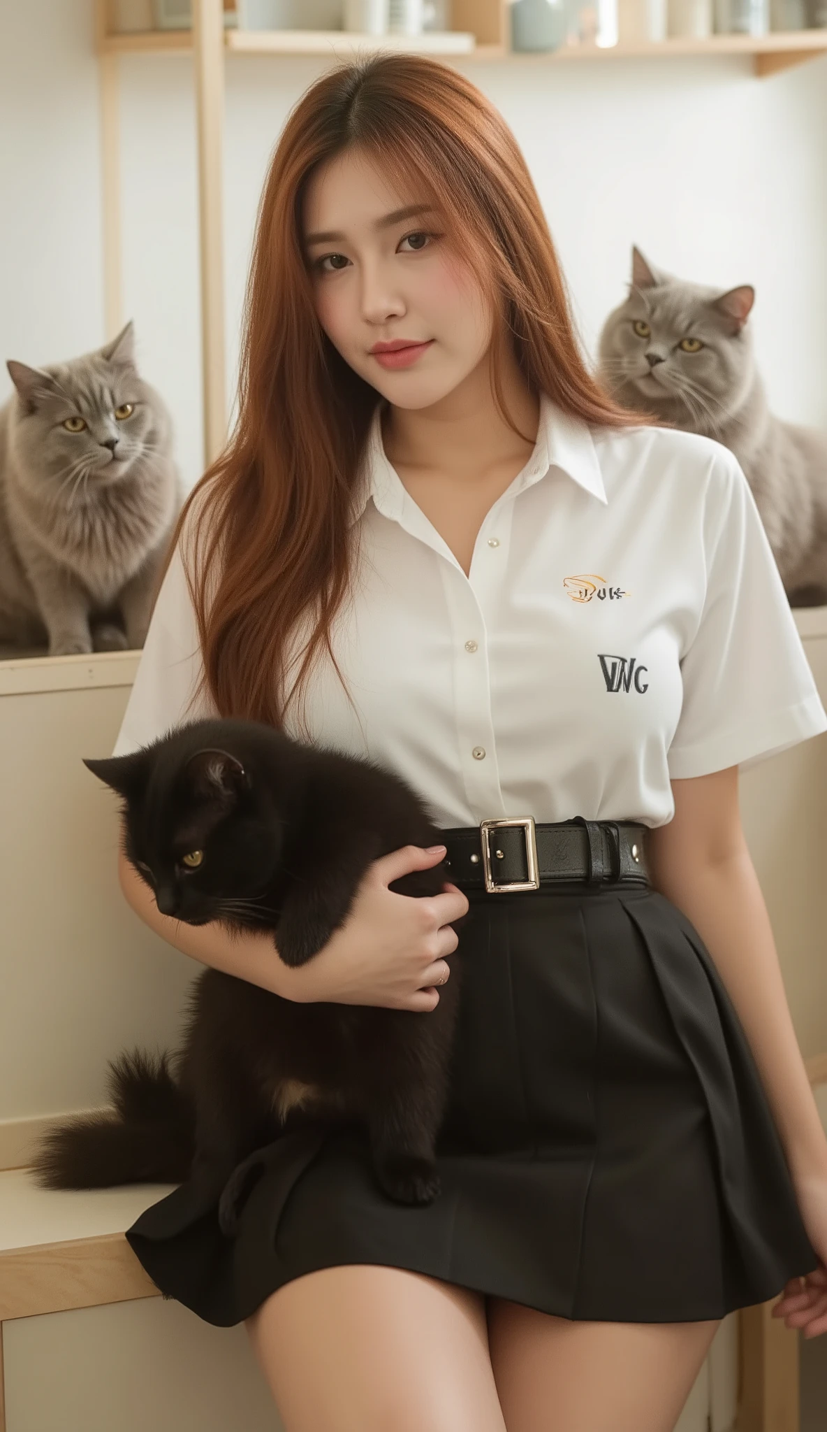 A portrait image shows an attractive woman sitting and holding a big black cat in a luxurious cat cafe.

She is Korean-Thai. She has a long, fluffy haircut that shows off her narrow forehead. She has a voluptuous figure. She is chubby-sexy. She has a cherry-red hair colour. She wears a Thai Mahalai uniform: a light-white short-sleeved collared shirt with silver buttons, with a big 'PwC' logo on chest, a black LV leather belt, and a short black pleated skirt that highlights her curvy figure and ample bust. She seductively smiles at a camera. 

The backdrop is a few adorable cats behind her. The backdrop is blurred because this image is taken by a DLSR camera. The light is warm white. The room and decoration are off-white tone.