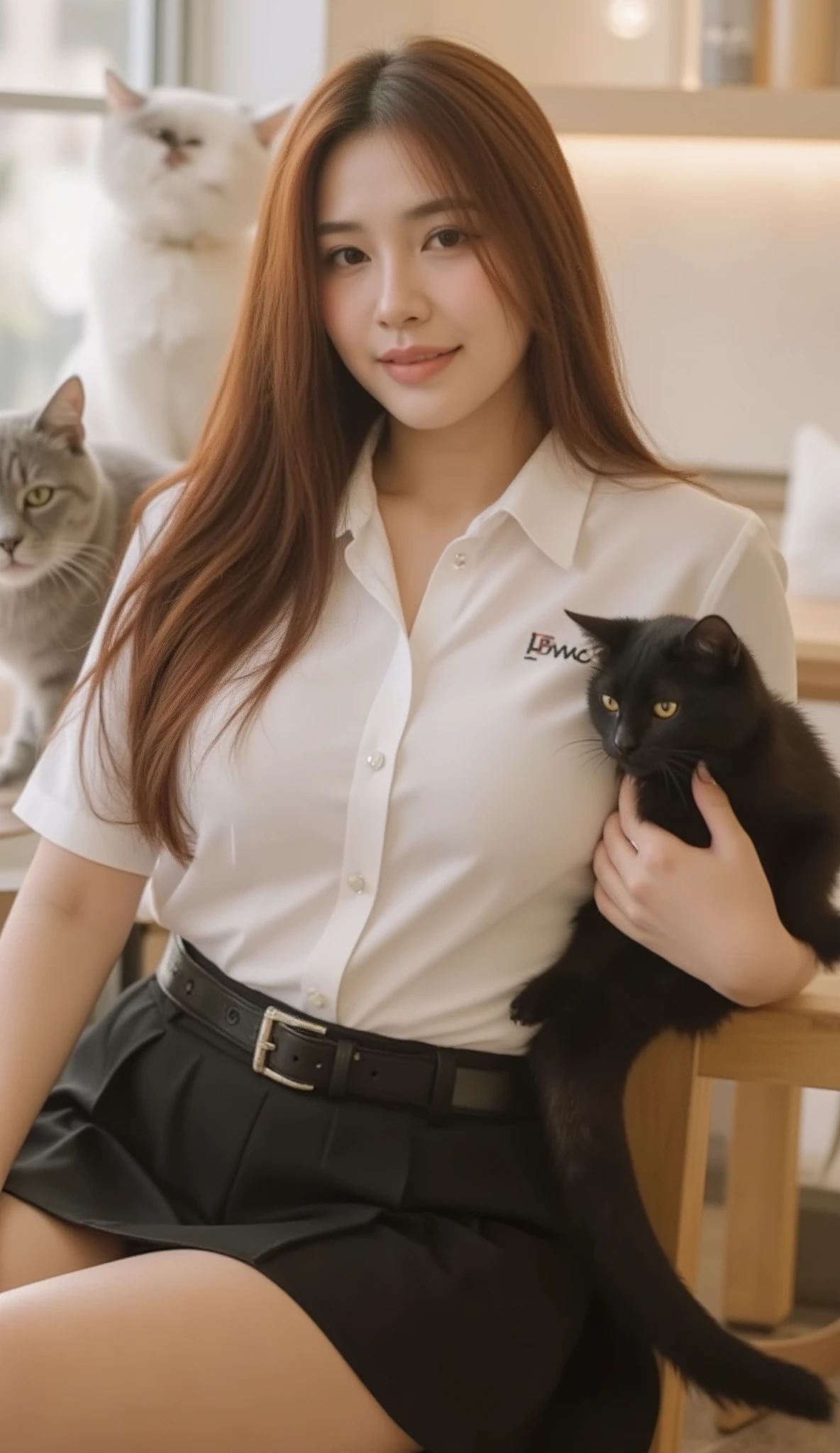 A portrait image shows an attractive woman sitting and holding a big black cat in a luxurious cat cafe.
She is Korean-Thai. She has a long, fluffy haircut that shows off her narrow forehead. She has a voluptuous figure. She is chubby-sexy. She has a cherry-red hair colour. She wears a Thai Mahalai uniform: a light-white short-sleeved collared shirt with silver buttons, with a big 'PwC' logo on chest, a black LV leather belt, and a short black pleated skirt that highlights her curvy figure and ample bust. She seductively smiles at a camera.
The backdrop is a few adorable cats behind her. The backdrop is blurred because this image is taken by a DLSR camera. The light is warm white. The room and decoration are off-white tone.