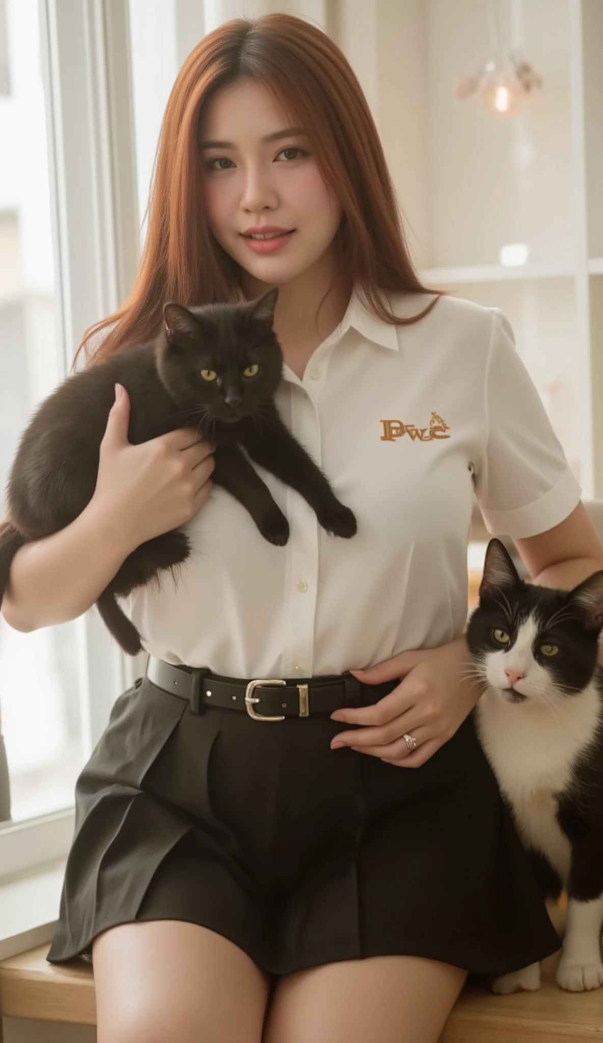 A portrait image shows an attractive woman sitting and holding a big black cat in a luxurious cat cafe.
She is Korean-Thai. She has a long, fluffy haircut that shows off her narrow forehead. She has a voluptuous figure. She is chubby-sexy. She has a cherry-red hair colour. She wears a Thai Mahalai uniform: a light-white short-sleeved collared shirt with silver buttons, with a big 'PwC' logo on chest, a black LV leather belt, and a short black pleated skirt that highlights her curvy figure and ample bust. She seductively smiles at a camera.
The backdrop is a few adorable cats behind her. The backdrop is blurred because this image is taken by a DLSR camera. The light is warm white. The room and decoration are off-white tone.