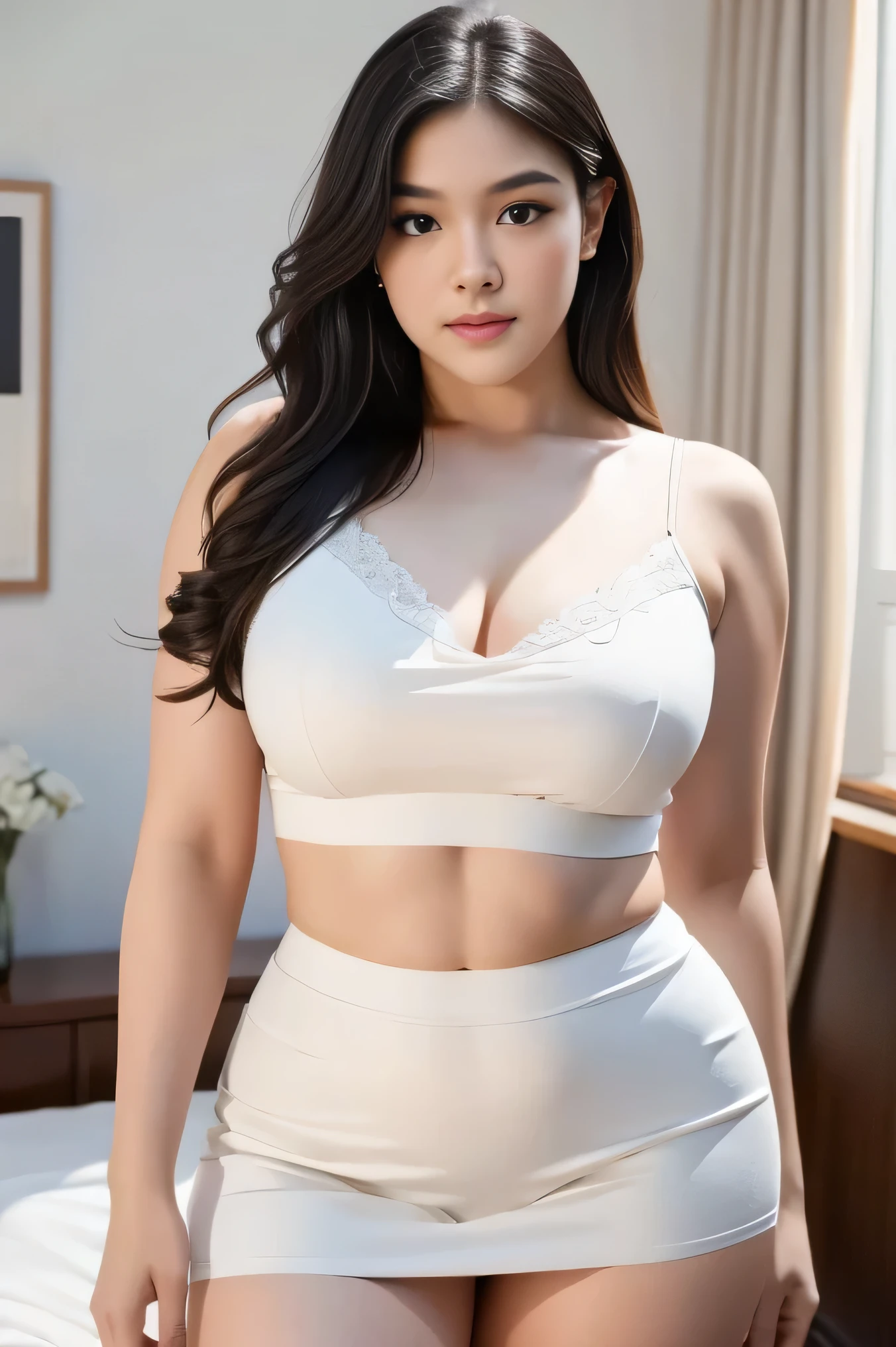 1girl, solo, sensual woman, clear lighting, (Indonesian_high_school), semi-curvy body, Classroom, pose on bed, detailed face, detailed eyes, in the middle, unparalleled beauty, looking at the camera , thick breasts, detailed skin, Sixpack abs, looking at the audience, wearing white shirt, wearing white short skirt, (8k, RAW photo, best quality, masterpiece: 1.3), (realistic, realistic: 1.37), ultra-high resolution