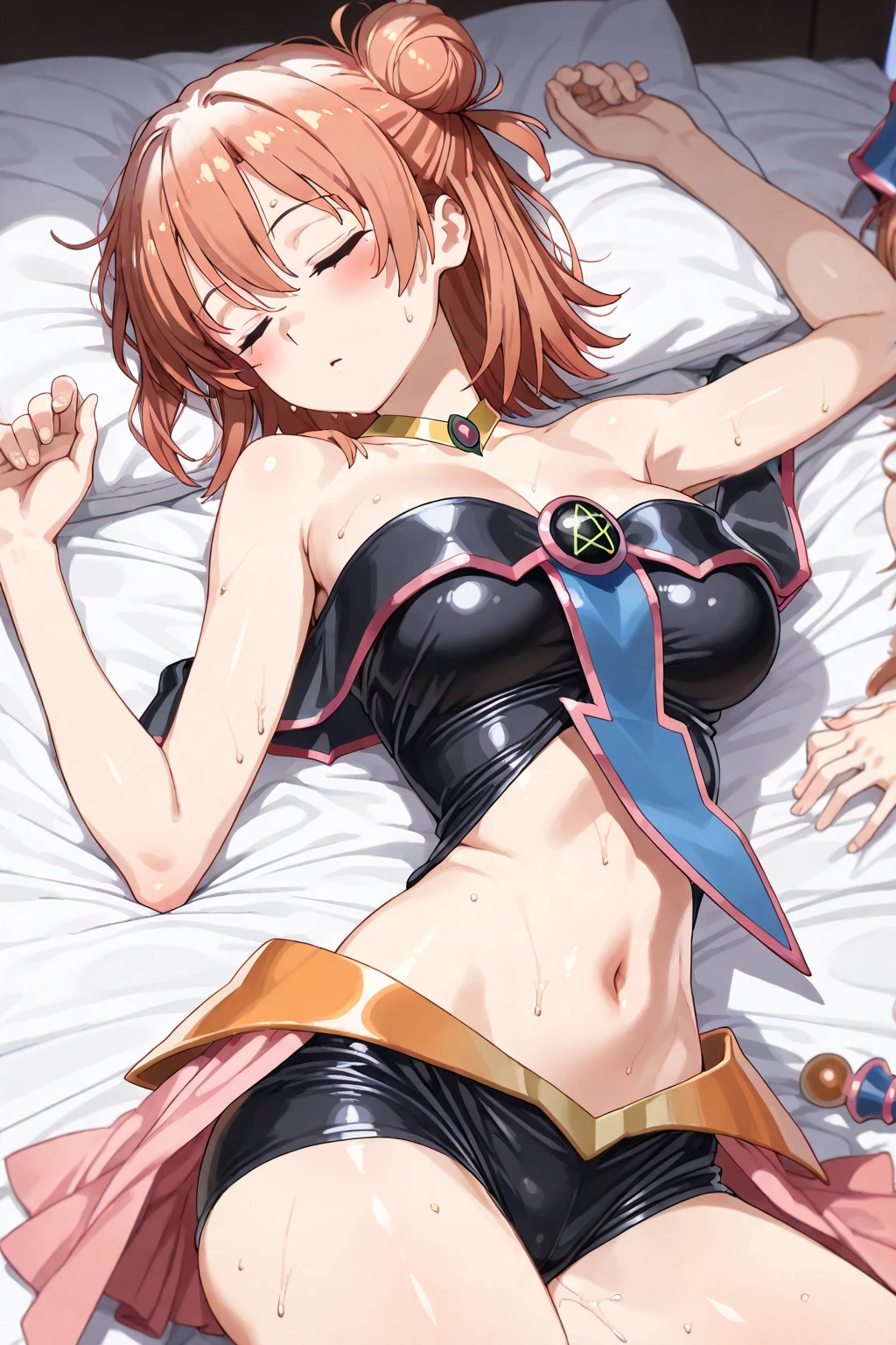 Astolfo, ((Femboy)), Anime, (Masterpiece:1.25), Best quality, High resolution:1.35, RAW photo:1.2, Detailed CG, Dreamy, Curvy build, Skinny, Slender body, Fine detailed beautiful eyes: 1.2, Embarassed Expression, ?????? thighs, Lustrous skin, Photon maping, Cinematic lighting, Cowboy shot, Dynamic angle, (Crop top), ????? ???????, ????????????, Show armpits, Laying pose on bed, Cute face, Long eyelashes, detailed eyelashes, eye shadows, glowing eyes, realistic eyes, Natural makeup, Clear facial features, Hyper detailed face, Lip details