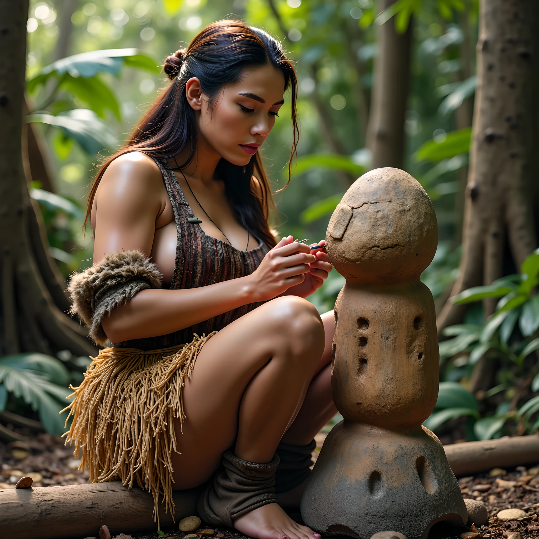 Stone prehistoric age era,
Primitive civilization age era,
((Realistic cinematography intense realistically ultra-detailed deep tropical forest angle of scenery)),((realistically primitive female scluptor)),the detailed of a female sclupting a wood with a sharp stone,sitting,eagerness,vivacity, (the cradle of Civilization),(wearing full wool fabric),((ultra detailed every feature on the scene)),(wearing fully coverage full body wolly fabric kimono dress),scratching a piece of wood with a stone,,(perfectly depth symmetrically busty body shapely),(cinematic dynamically camera potrait angle scenery:accurately depicted:1.3),the lively prehistoric primordial naturally depicting scenery,midday,realistically full depth,(cinematography dynamic angle|hyperrealistic:realistic scenery:3d texture over the scenery),summer season,best videography angle,hdr,golden hour, (cinematography vibe),primitive wardrobe,(dynamic image composition),(octane 3d rendering|50mm lens shot:1.3),(lifelike human depiction:realism),(best rule of third photography composition),(best image aperture),(full details depth of field),(best shutter speed),(RAW photo image),(photorealistic|photorealism:hyperrealism style),(realistic depth 3d:cgi:1.3),(trending on cgsociety:devianart:unreal engine 5),,(best photography:national Geographic style), stonePunkAi and greenPunkAi artwork, digital art,best lighting concept,(realistic intricately fixed truly fully human's anatomy body+hands+and+fingers), inspired farcry5 game artwork,((SFW)),