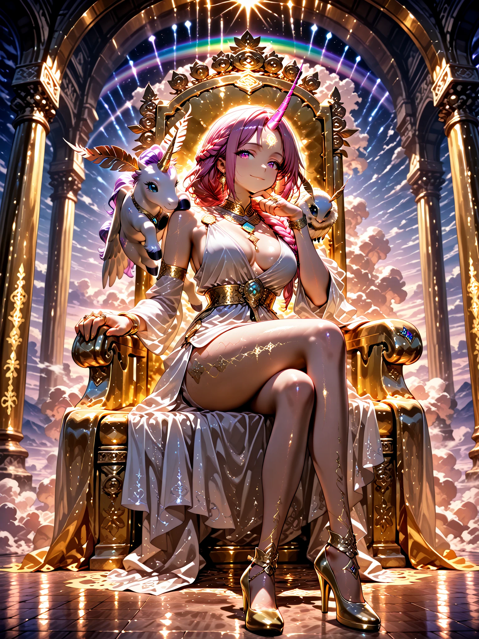 Front angle, (masterpiece, very detailed image, 4k, ultra detailed, vivid colors, beautiful colors, dynamic pose, cinematic photography), {1woman}: (a beautiful and attractive woman, with a stunning body, has fair skin, her eyes are colored like a rainbow, her hair is long in a very well detailed braid falling over her shoulder, her hair is colored, she has a single pink horn in the middle of her forehead like a unicorn, wearing a Greek tunic like a powerful goddess, golden high heels and many rings and jewelry, sitting on a golden throne, with one hand holding her elbow and the other on her chin, a look of superiority and a slight smile at the corner of her mouth, a moth on her shoulder), an environment reminiscent of gods, many golden details, floor made of cloud, very well lit creating perfect shadows in the environment