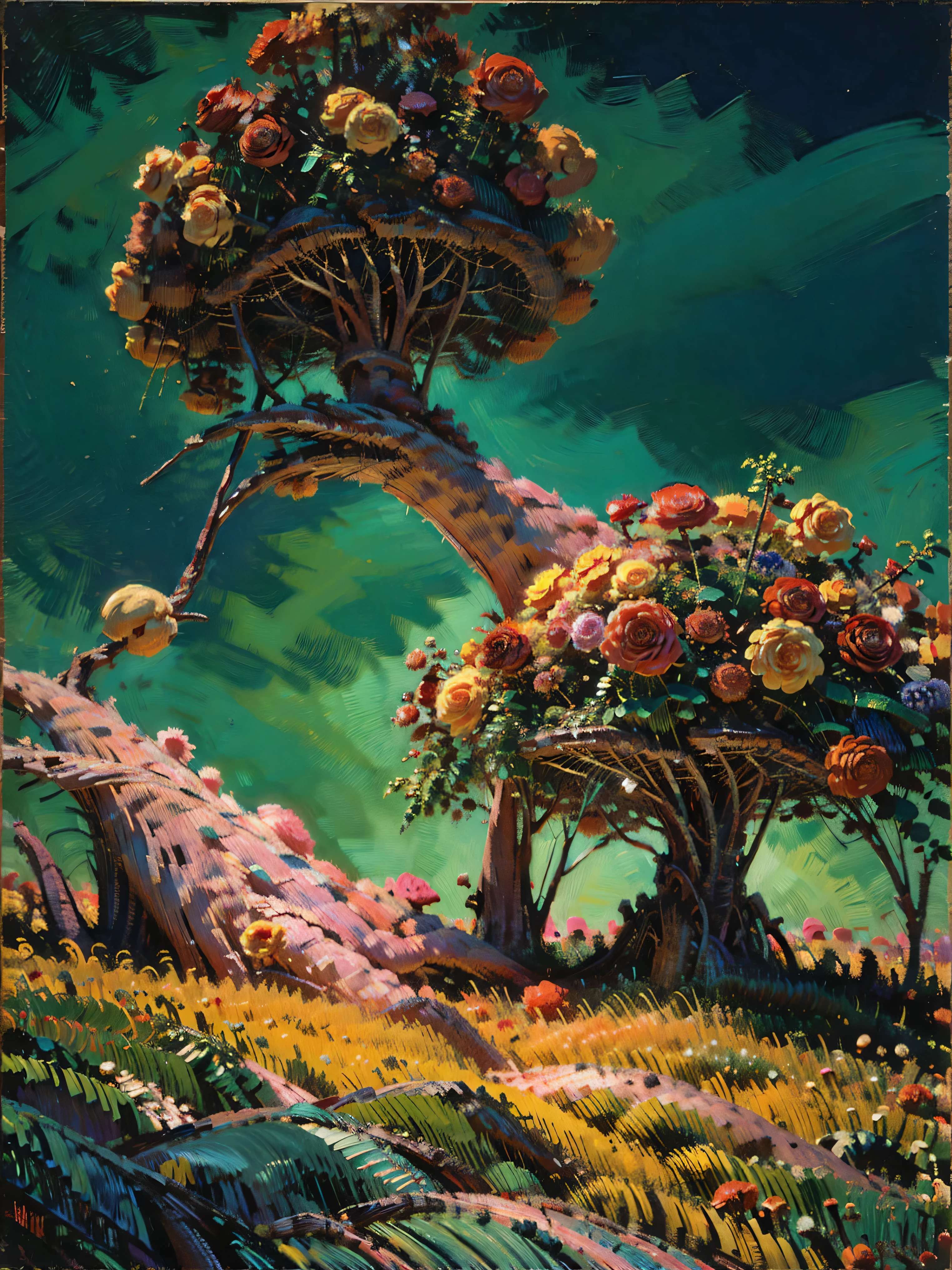 An extremely colorful oil painting style artwork. A woman stands confidently in a luxurious, strapless gown, intricately crafted from deep navy fabric adorned with vivid red roses. The fitted bodice is accentuated with an off-the-shoulder design featuring sheer lace sleeves that end in elegant bell shapes. The full skirt extends gracefully to the floor, embellished with the same striking red floral pattern, creating a striking contrast against the dark material.
The background is a vibrant explosion of colors, predominantly purples and reds, popping with bits of bright green, with abstract floral motifs echoing the dress's design, enhancing the dramatic atmosphere. Delicate hints of orange and yellow in the distant lighting hint at elaborate chandeliers, contributing to an opulent setting. The overall ambiance is rich and artistic, capturing a sense of regality and formal elegance, as if preparing for an extravagant ball or theatrical event.