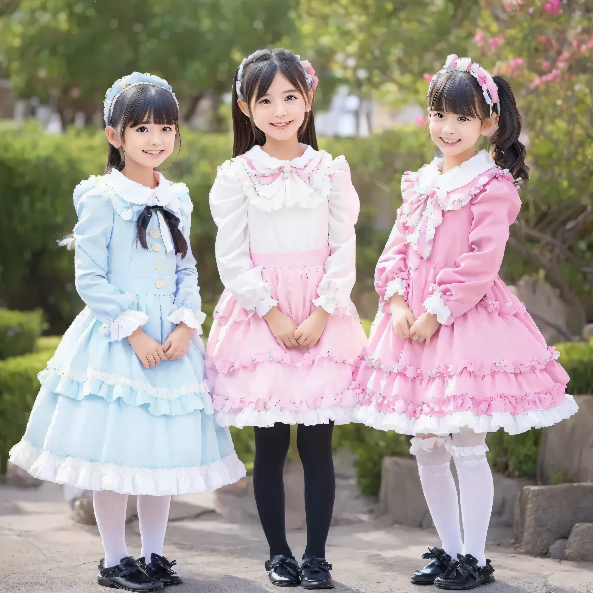 ((  Distant Scenery,full body,standing:1.2)),Highest Quality, masterpiece, highest resolution, Artwork, super それにget used to it, many get used to it, get used to it, それにget used to it, 3k photos,,Three noble women sit indoors across the street,. ((10 year old Japanese girl,dark haired)),Get used to a super thin young face,lovely smile,baby-like face,ultra high resolution,  complicated details,  Back hair tied with a ribbon,smile,Pastel colored dress adorned in a lovely way with ruffles and bows, （round large ruffle collar,bow tie,long sleeve,   ruffle sleeve   ,white ruffle blouse,Ruffle placket,  ruffles are cute   ,frill skirt,Very Elaborate Costume:1.3),(medium skirt,short balloon skirt)),long black socks with ruffles,black loafers,small breasts,detailed background,