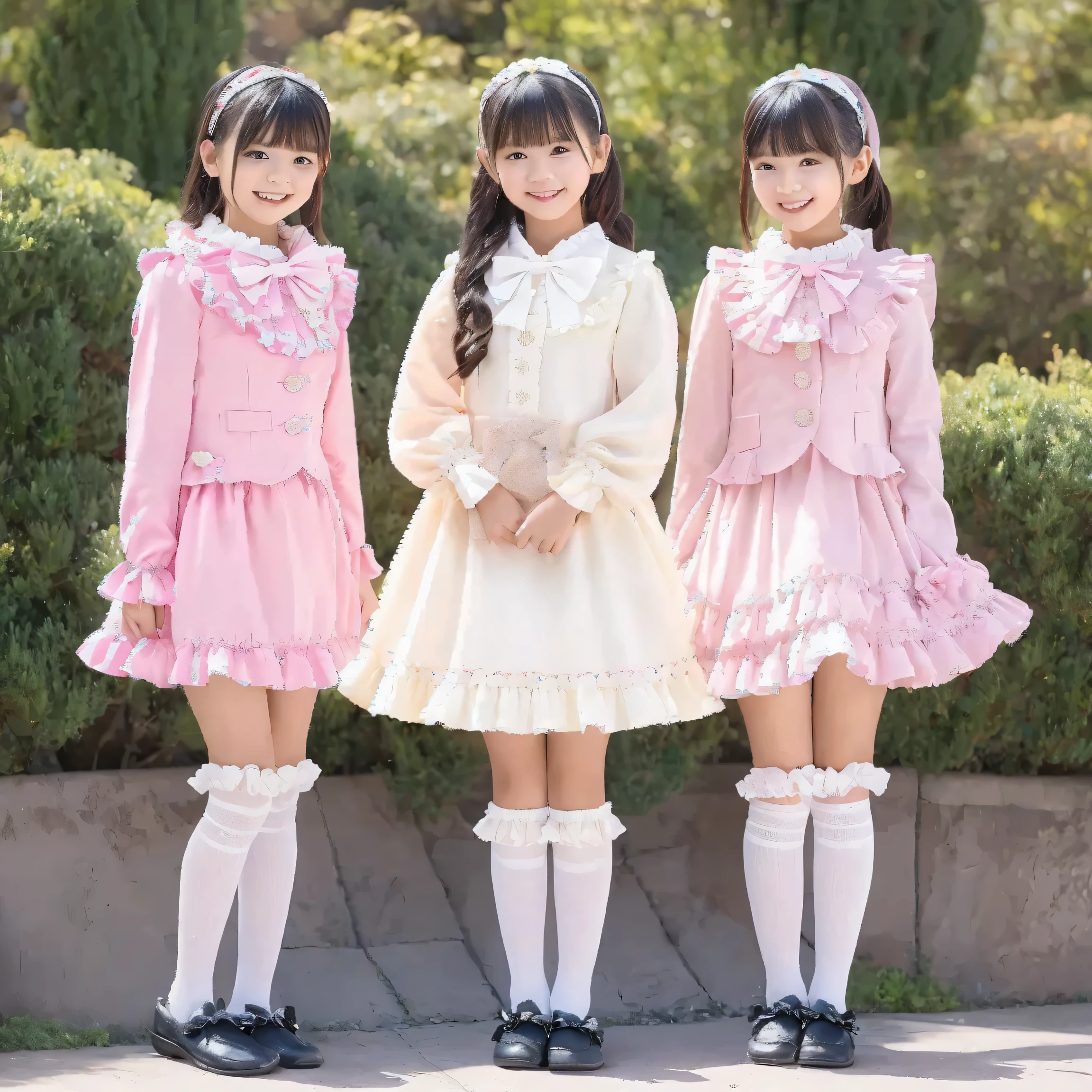 ((  Distant Scenery,full body,standing:1.2)),Highest Quality, masterpiece, highest resolution, Artwork, super それにget used to it, many get used to it, get used to it, それにget used to it, 3k photos,,Three noble women sit indoors across the street,. ((10 year old Japanese girl,dark haired)),Get used to a super thin young face,lovely smile,baby-like face,ultra high resolution,  complicated details,  Back hair tied with a ribbon,smile,Pastel colored dress adorned in a lovely way with ruffles and bows, （round large ruffle collar,bow tie,long sleeve,   ruffle sleeve   ,white ruffle blouse,Ruffle placket,  ruffles are cute   ,frill skirt,Very Elaborate Costume:1.3),(medium skirt,short balloon skirt)),long black socks with ruffles,black loafers,small breasts,detailed background,