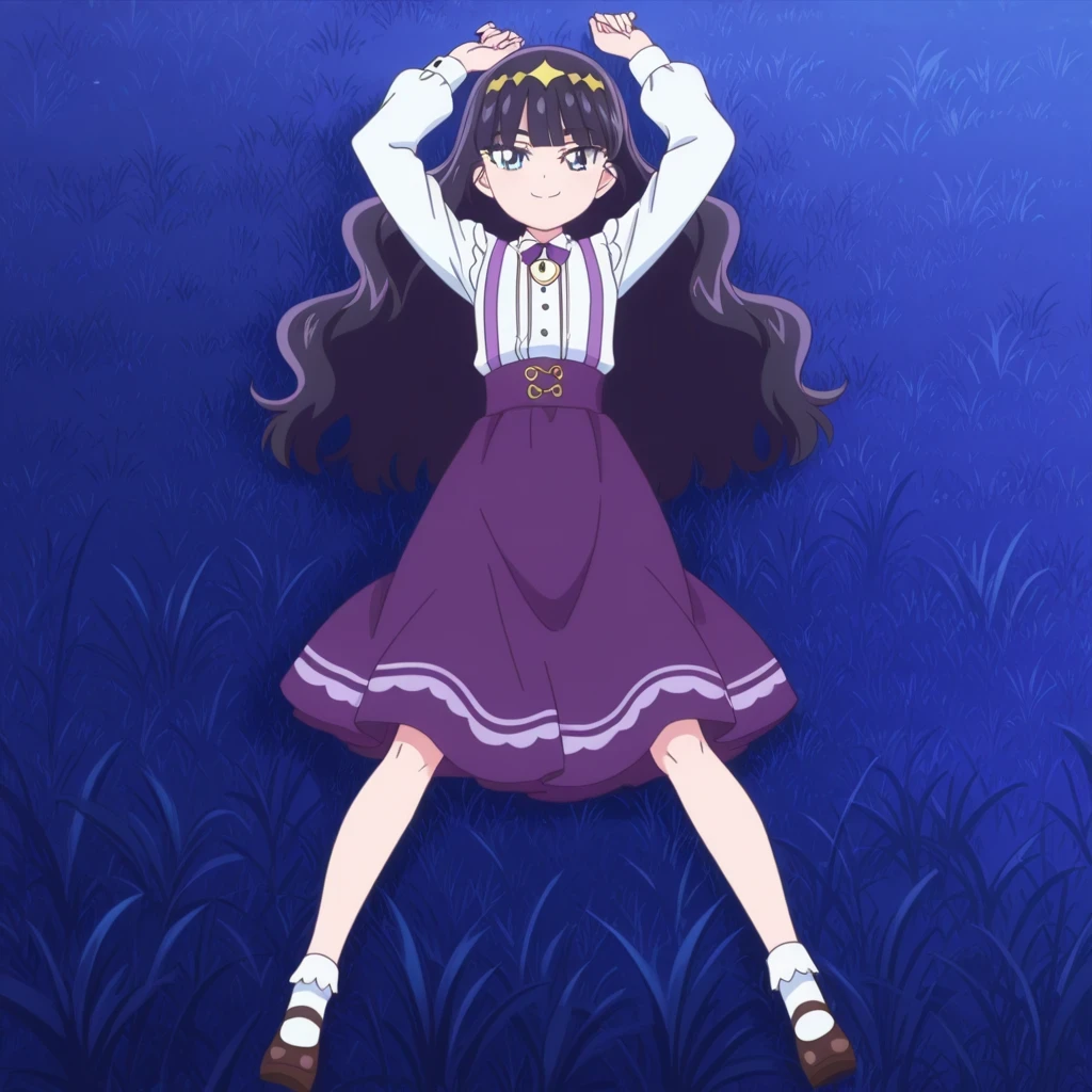 Amane, dark violet hair, long_hair, wavy hair blue_eyes, hair_ornaments, small_breasts, blunt bangs, anime screencap, white shirt, purple skirt, suspenders, high quality, solo, lying, on back, arms up, legs apart, closed mouth, grass, full body, medium shot, looking at viewer, smile, best quality,