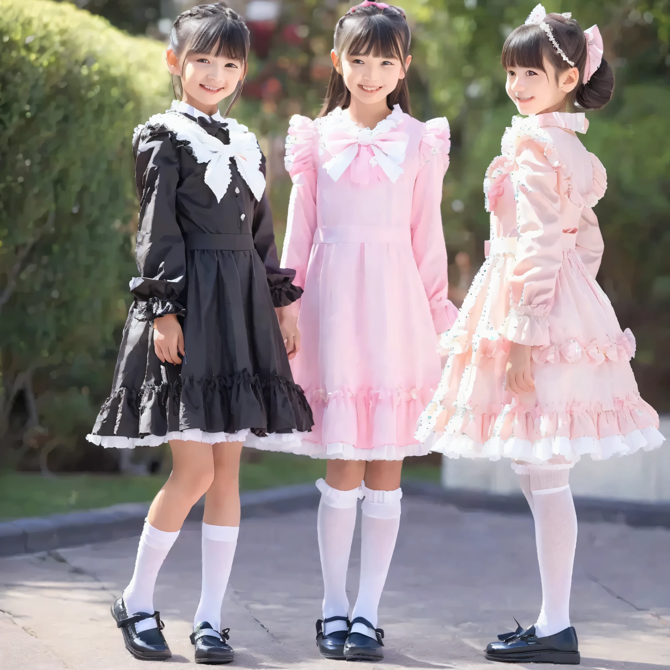 (( Distant Scenery,full body,standing:1.2)),Highest Quality, masterpiece, highest resolution, Artwork, super それにget used to it, many get used to it, get used to it, それにget used to it, 3k photos,,Three noble women sit indoors across the street,. ((10 year old Japanese girl,dark haired)),Get used to a super thin young face,lovely smile,baby-like face,ultra high resolution, complicated details, Back hair tied with a ribbon,smile,Pastel-colored silk satin dress adorned in a lovely way with ruffles and bows, (round large ruffle collar,bow tie,long sleeve, ruffle sleeve ,white ruffle blouse,Ruffle placket, ruffles are cute ,frill skirt,Very Elaborate Costume:1.3),(medium skirt,short balloon skirt)),long black socks with ruffles,black loafers,small breasts,detailed background,